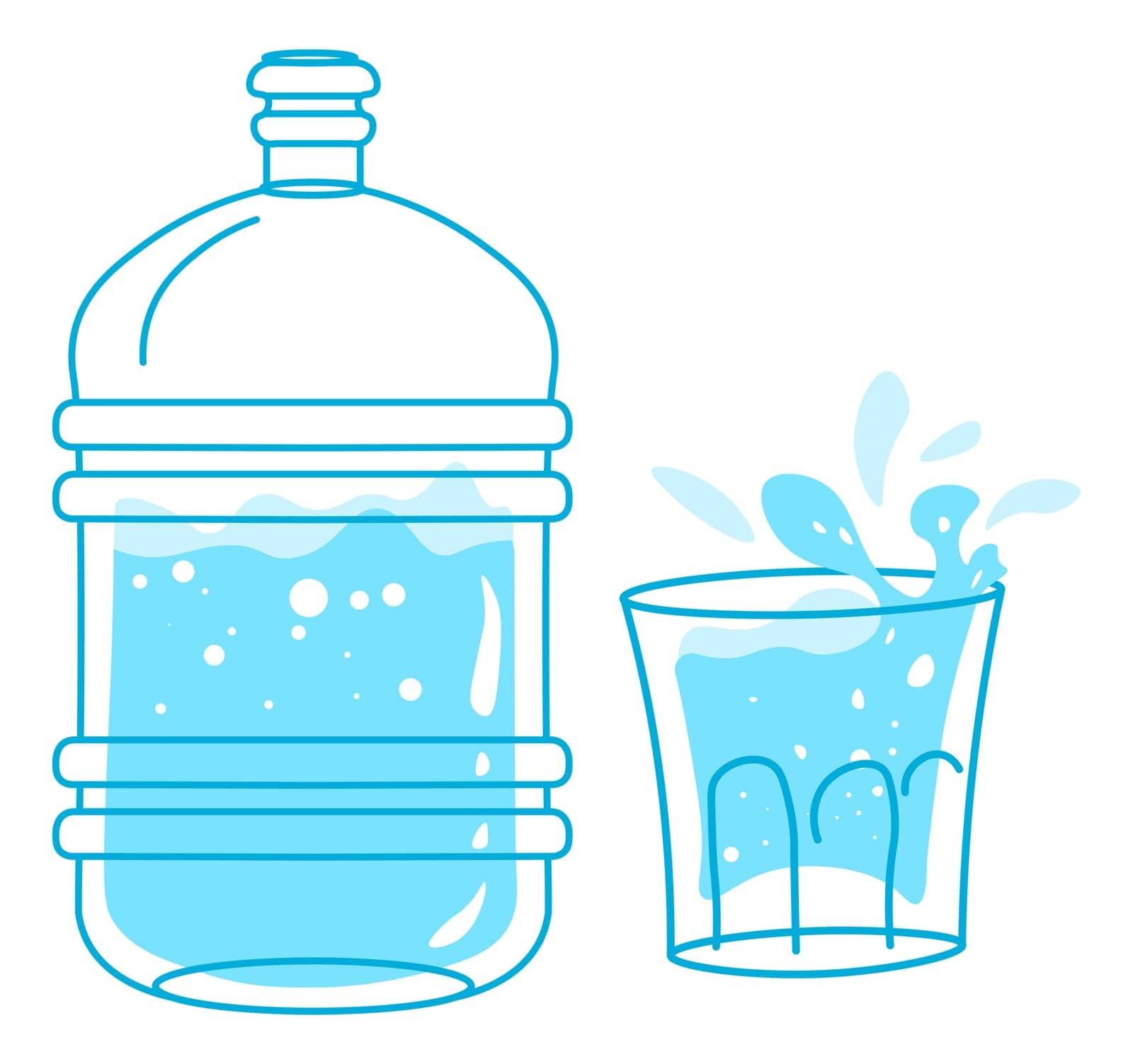 Purified water in bottle, isolated cup of clean drink with splashes. Beverage served in mug, restaurant or cafe. Moisturizing and killing thirst. Healthcare and wellbeing. Vector in flat style