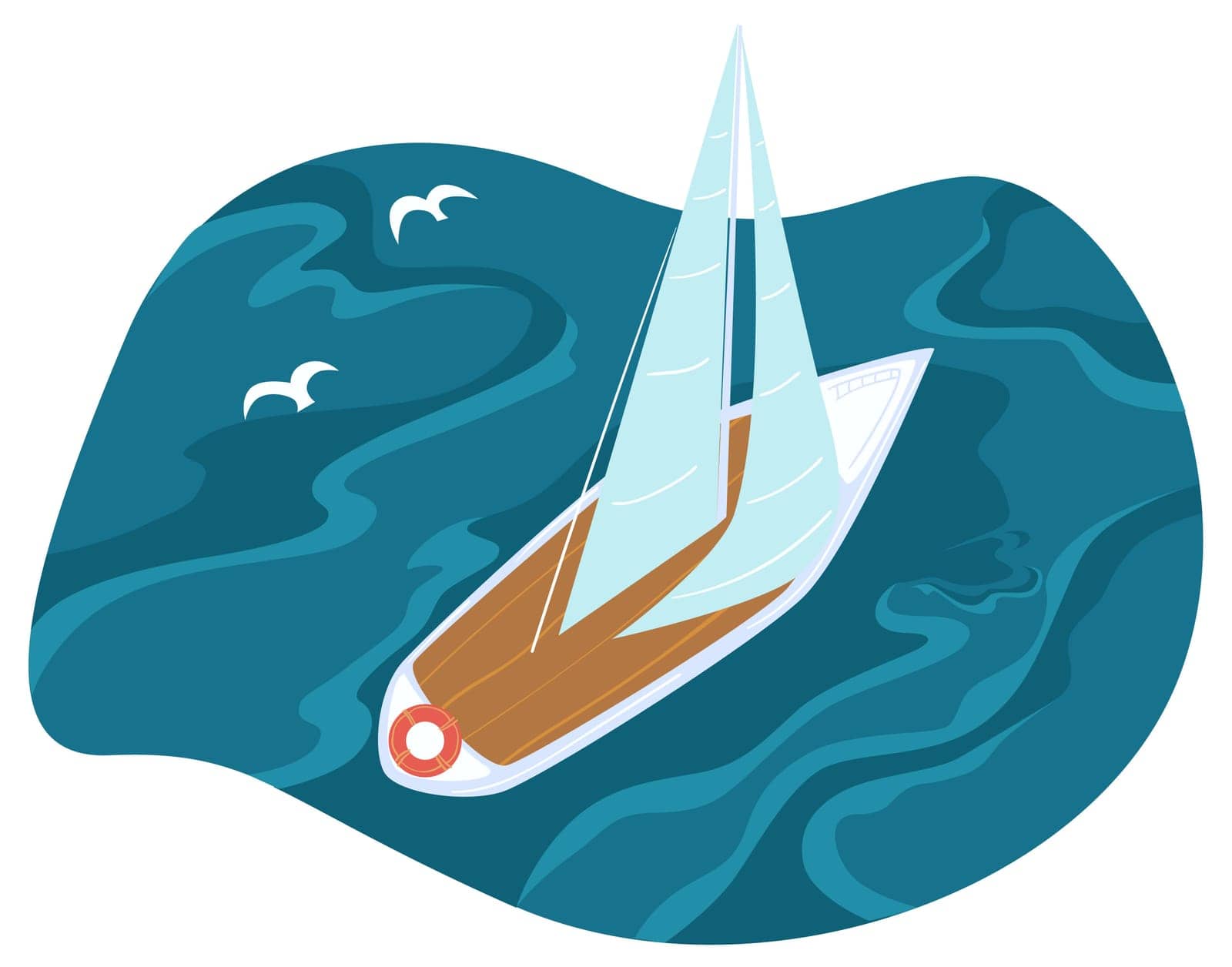 Yacht or cruise ship, sailboat with wooden deck and sails. Isolated vessel with lifebuoy, summer vacations and rest by seaside, sea or ocean journey by water. Flying birds. Vector in flat style