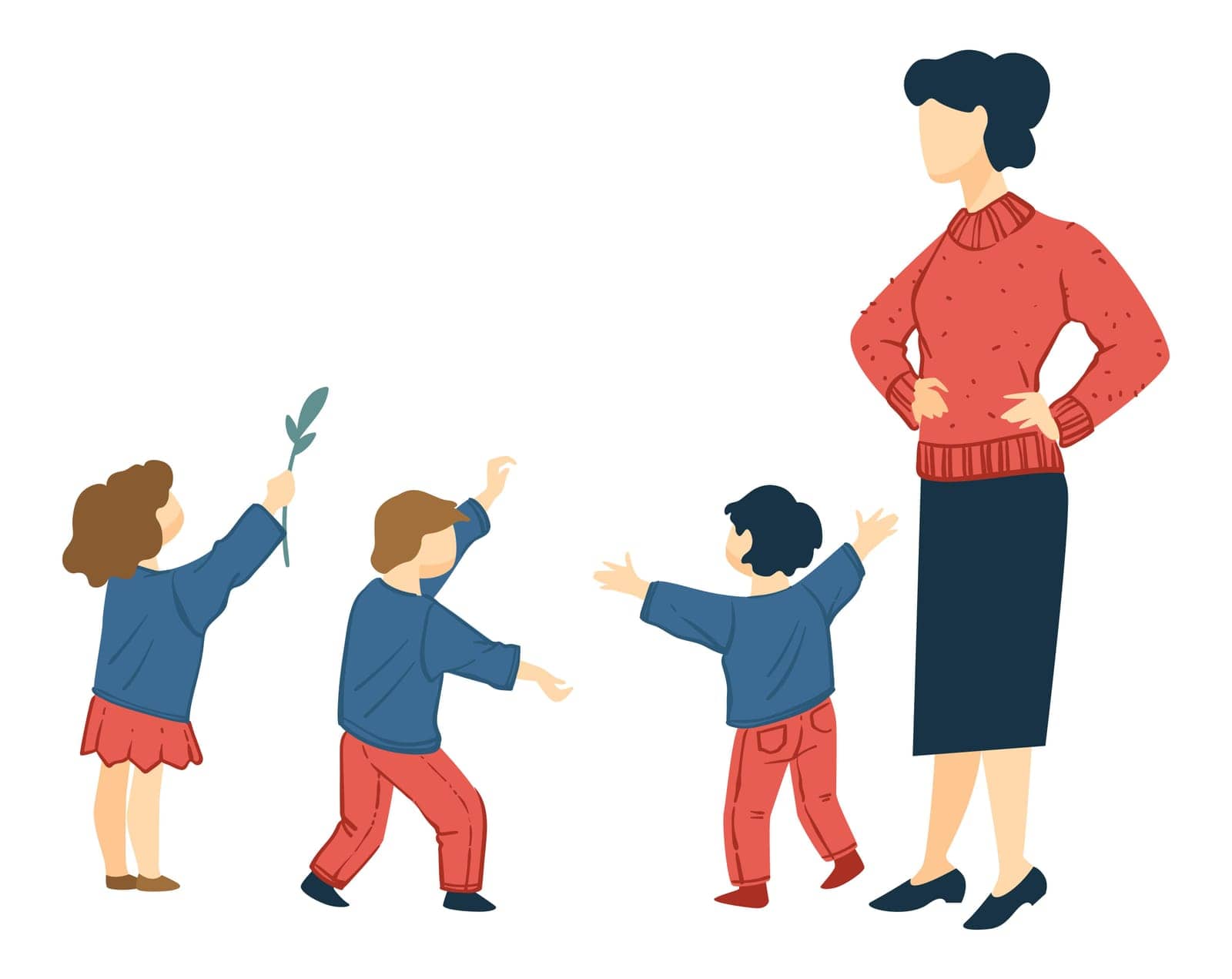 Kindergarten teacher looking after small children, kids playing and running. Woman with boys and girls holding toys in hands. Mother with sons and daughters. Vector in flat style illustration