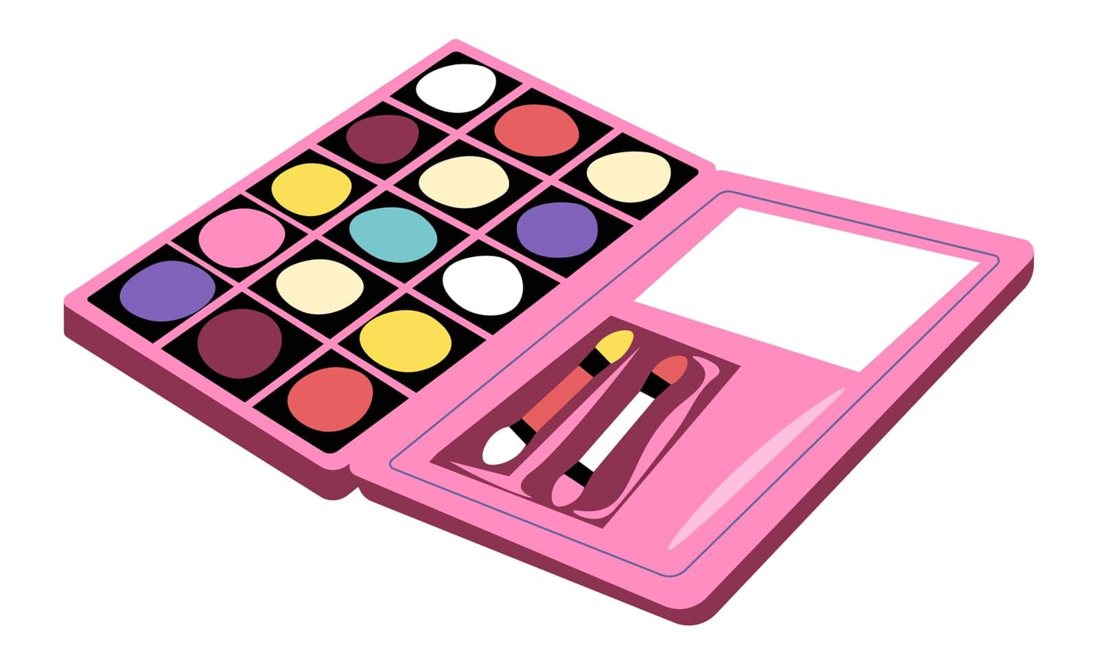 Cosmetics and products for make up, isolated palette of shades for eyes and cheeks. Package with mirror and brushes, applicator for applying. Beauty salon procedures and care. Vector in flat style