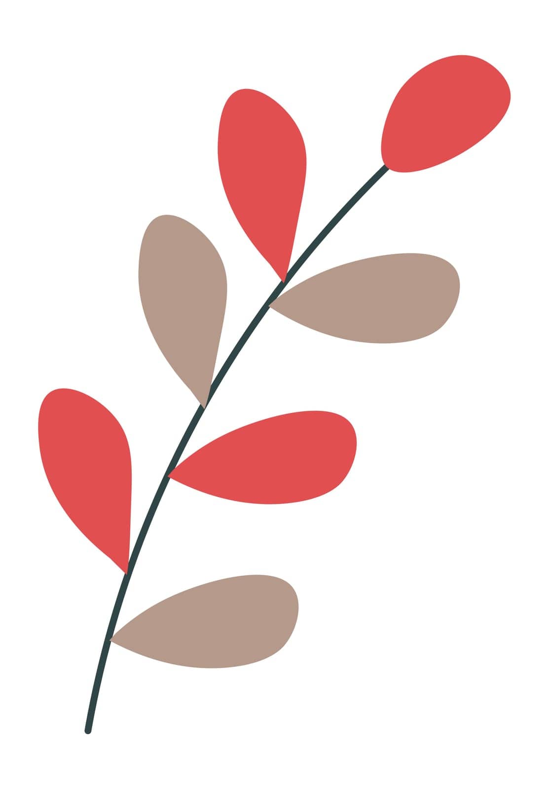 Floral composition with autumn forest branches and foliage, isolated woods twig with red and grey leaves. Environmental change, decorative botany, organic and natural sign. Vector in flat style