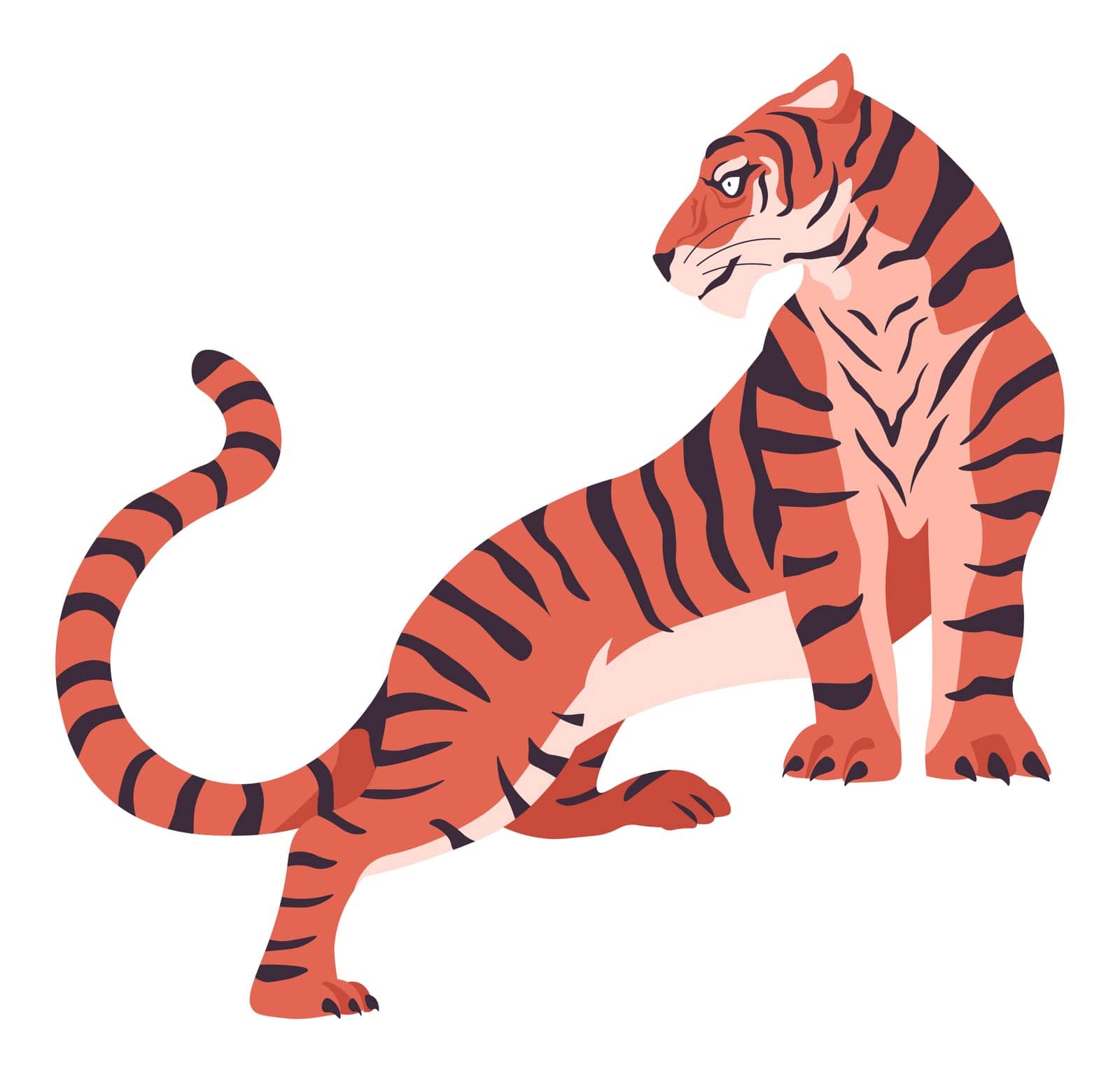 Exotic feline mammal in profile view, isolated Bengal tiger with furry coat and stripes. Dangerous predator or carnivore Asian fauna. Jungle or zoo dweller. Vector in flat style illustration