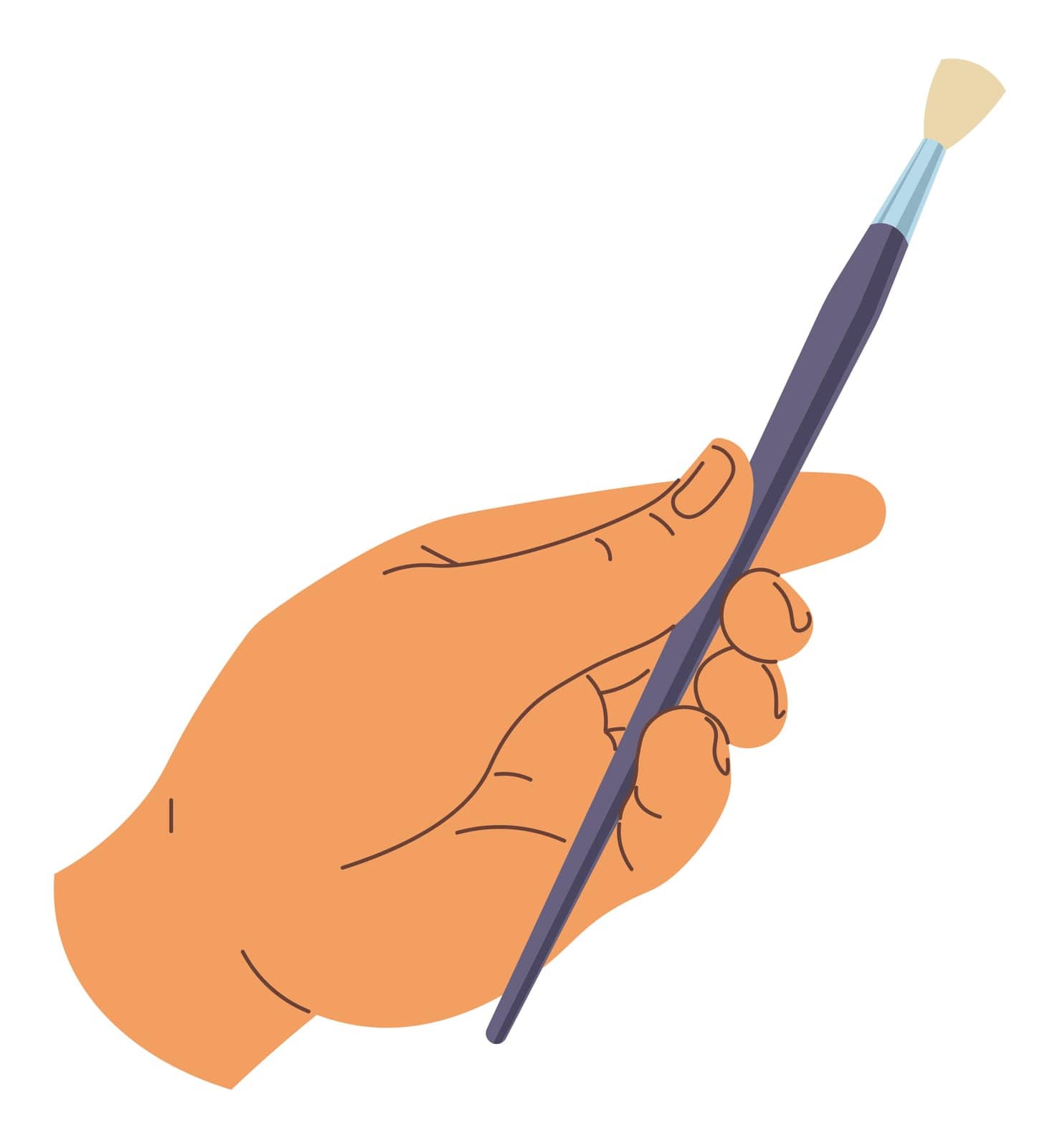 Painters and artists tools for creating drawings, isolated hand holding paintbrush with wooden handle and quality bristle. Contemporary art school supplies, workshop or studio. Vector in flat style