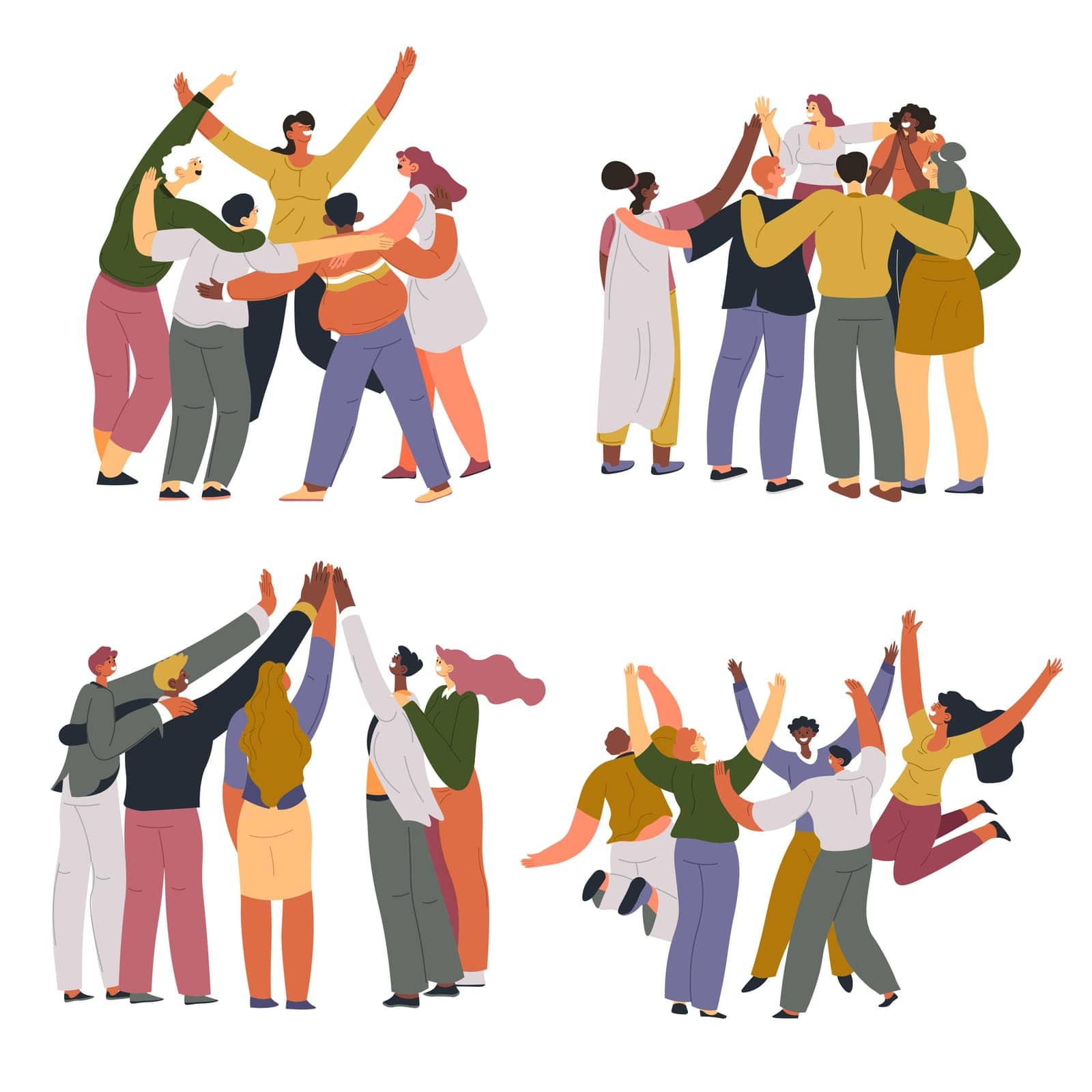 Happy company of people, cheering crowd having fun on party. Man and woman, teammates or colleagues celebrating victory or achievement of goal at work. Partners and friends, vector in flat style