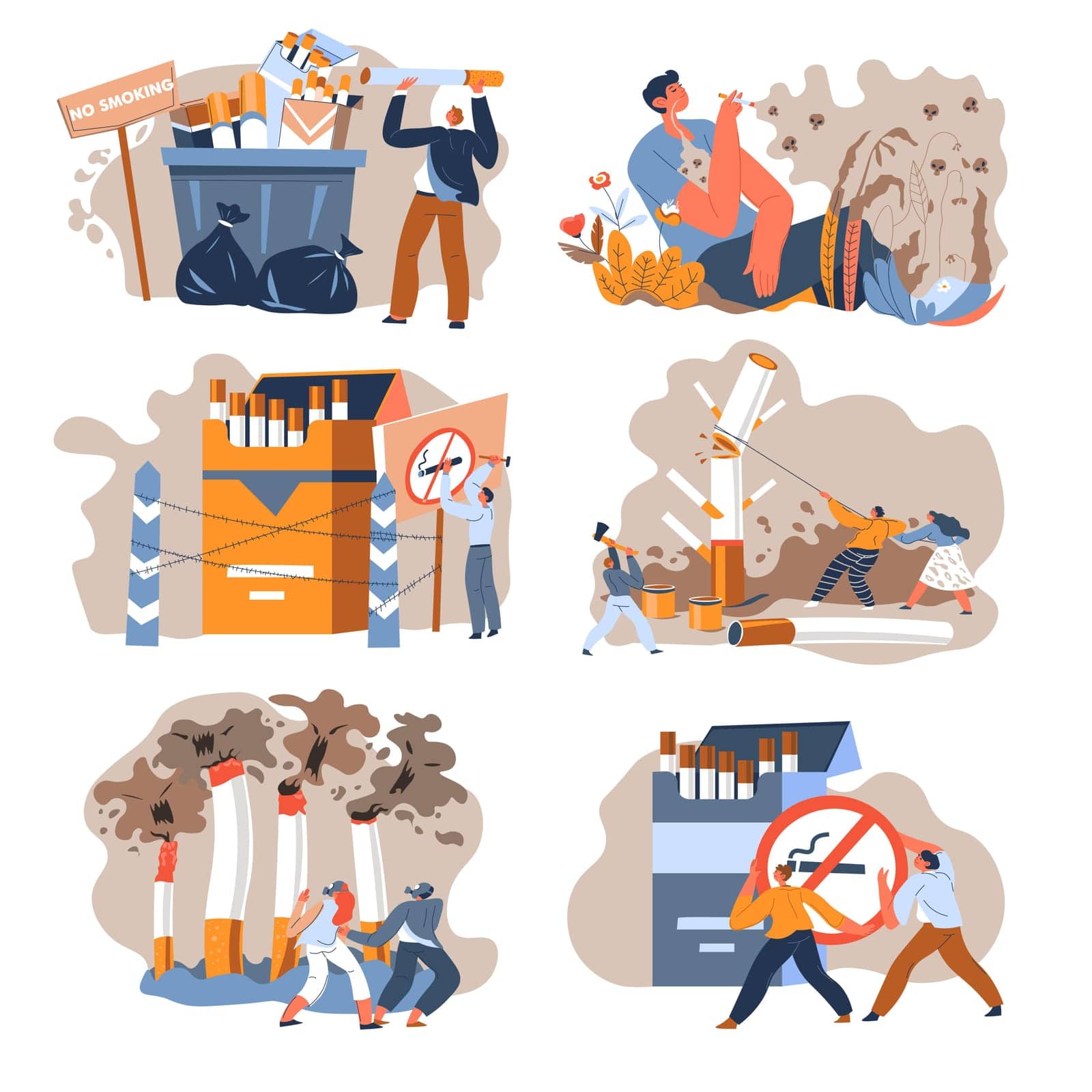 People fighting against smoking in public area, dangerous and toxic habit, forbidden and restricted. Warning information for smokers and addicted. Unhealthy lifestyle, vector in flat illustration