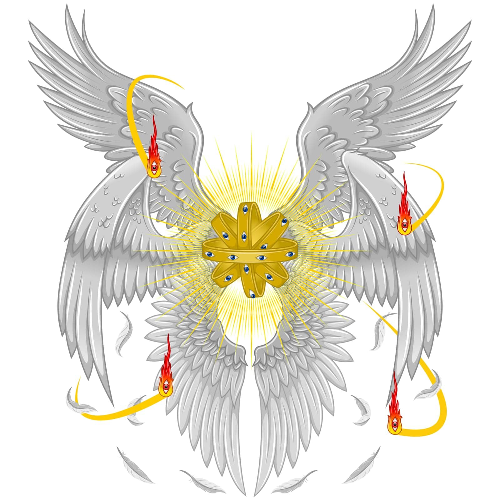 Vector design of throne type angel of Christian theology. Biblical angel with six wings. Catholic Archangel with Halo and Feathers, Throne of Winged God