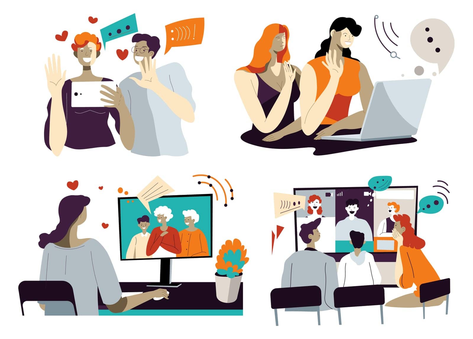 Communication online in internet and websites, people talking and chatting, leading romantic correspondence and speaking to family. Meeting and technologies for relationship. Vector in flat style