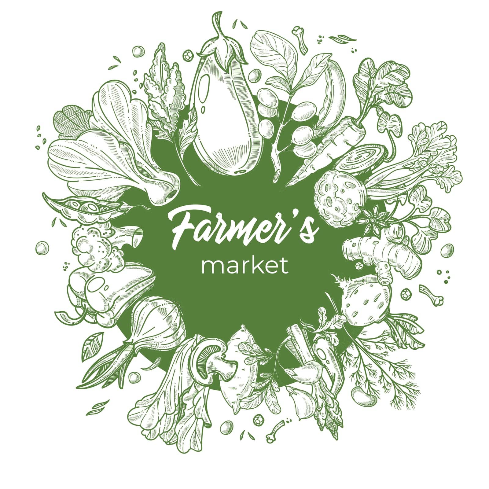 Emblem or logotype for farmers market assortment of vegetables and fruits. Eggplant and onion, carrot and bell pepper, mushroom and celery root, ginger and spices. Emblem vector in flat style