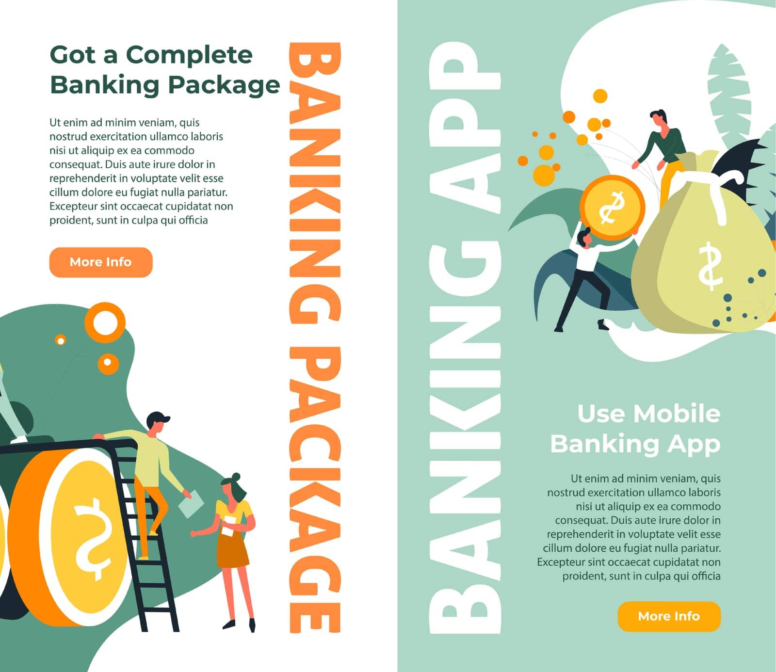 Complete banking package and application for control and management of financial assets, incomes and new investment opportunities. Website or site, landing page template. Vector in flat style