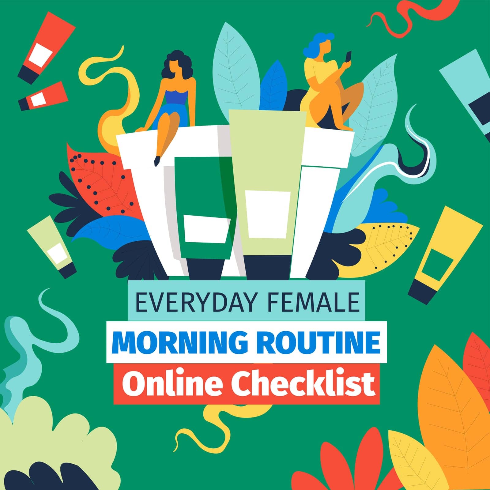 Online checklist for everyday female morning routine, banner or poster with information, recommendation and tips for girls. Makeup and skincare treatment, lotions and tubes with cream, vector