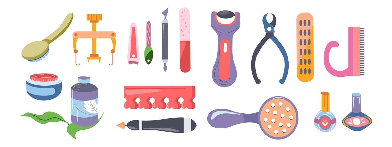 Pedicure and manicure salon kit and equipment, isolated tools, scissors and brushes, nail polish and dividers for toes. Fashion and makeup for women in spa, relax and rest. Vector in flat style