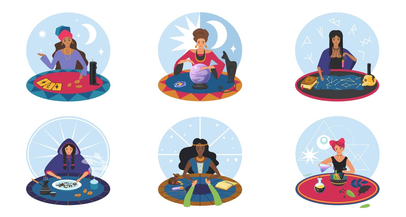 Fortune telling, divination set vector illustration. Cartoon isolated magic scenes with fortuneteller, predictor or witch characters sitting at round table to predict destiny with crystal ball, tarot
