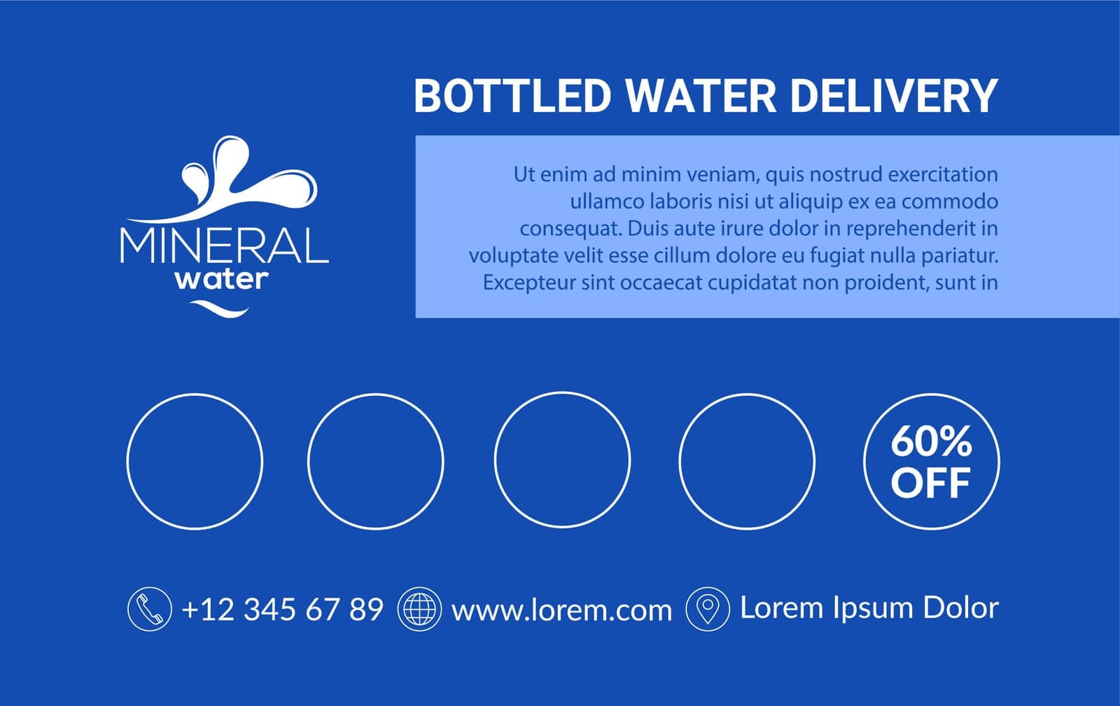 Delivery of pure bottled water, service with supply of liquid to office or home. Card with contacts and special discount for client. Refreshing beverage, mineral or sparkling. Vector in flat style