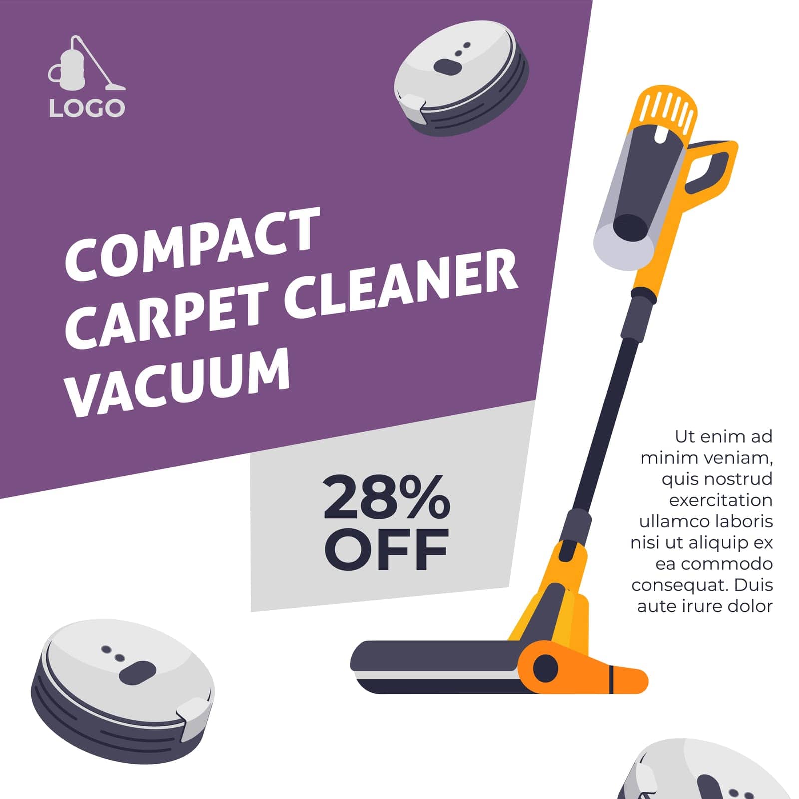 Housekeeping and cleaning technics, appliances for home cleanliness. Compact carpet cleaner vacuum, sale and discount, reduction of price. Household hygiene, electrical helper. Vector in flat style