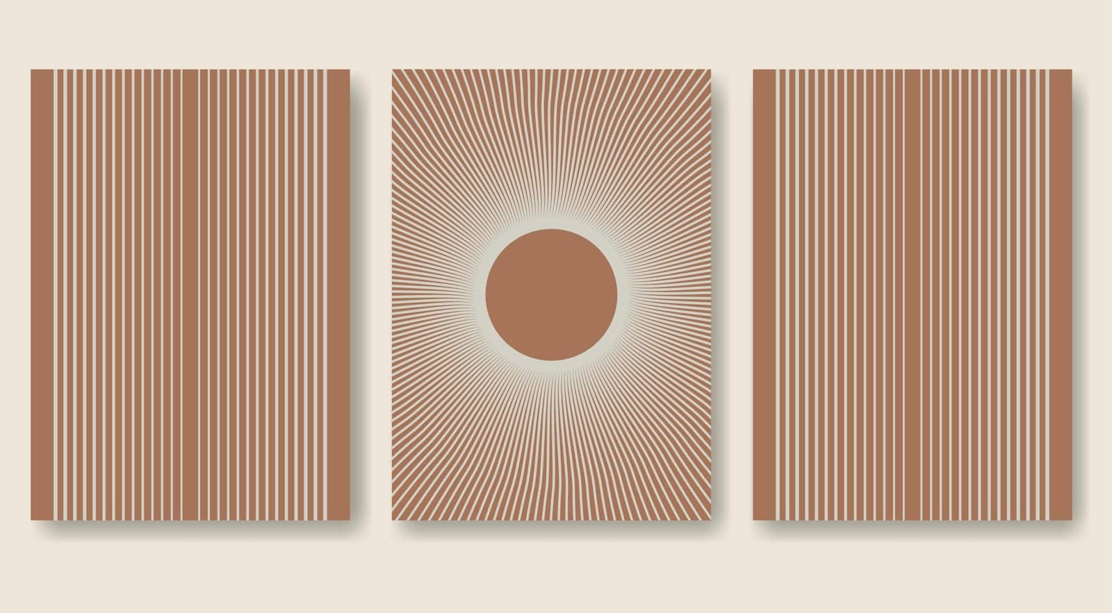 Aesthetic arch and sun brown poster set in minimalistic style. Boho home decor of circles and lines in pastel colors. Wall art illustrations. A4 size