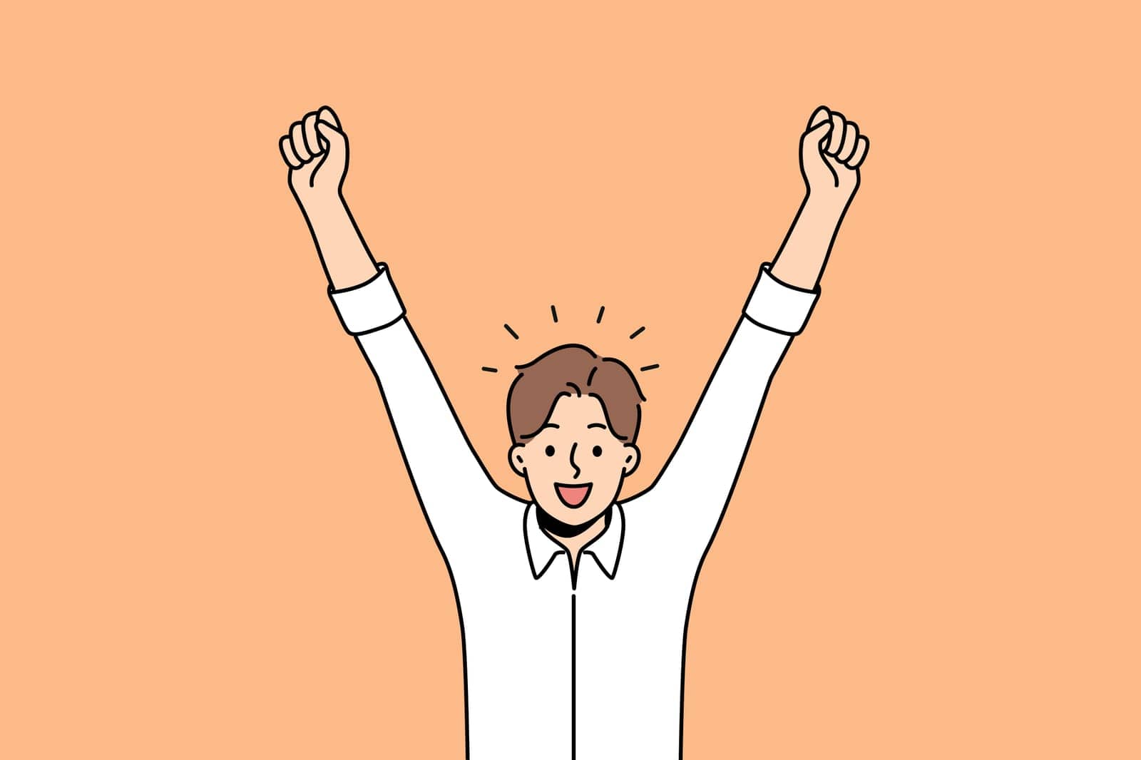Delighted man celebrates victory by raising hands up and rejoicing in career achievements or end working day. Business man shouts with smile and is delighted with amazing news promising income growth