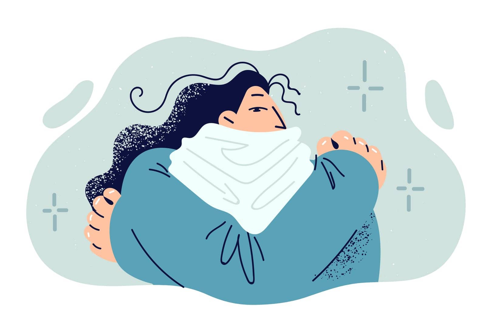 Frozen woman is shivering from cold, dressed in warm sweater and scarf hiding neck by Vasilyeu