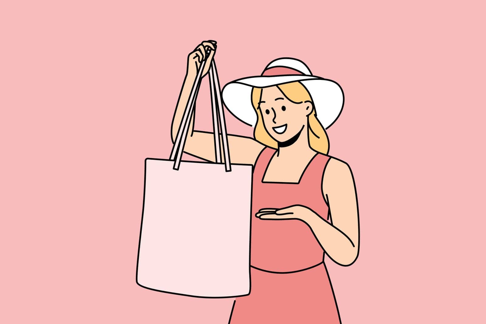 Woman holds textile bag recommending to refuse plastic disposable packages for shopping. Fashionable girl in hats demonstrates rag bag for comfortable visit to supermarket and care for nature.