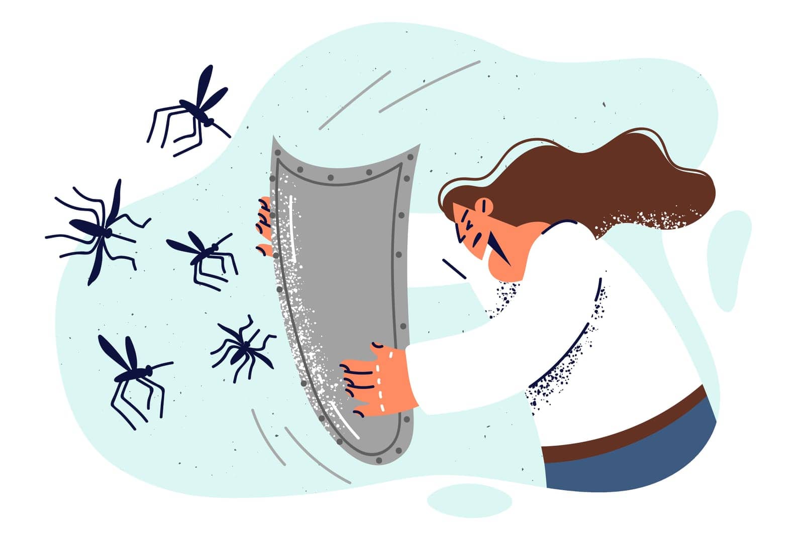Maliary mosquitoes attack woman with shield, trying to protect herself from bites of blood-sucking insects. Concept using anti mosquitoes creams or fumigators and protective screens for windows