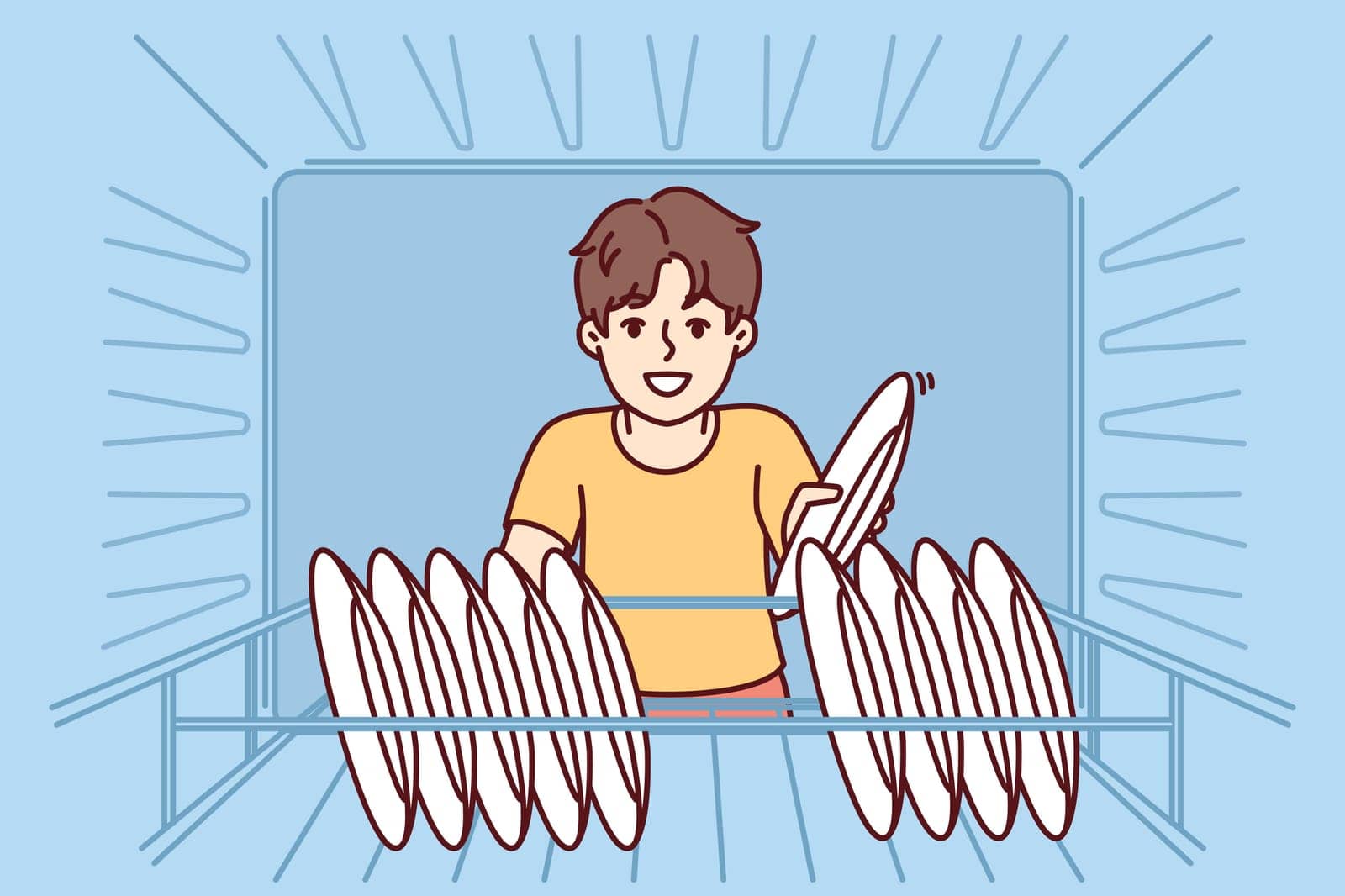 Little boy puts dishes in dishwasher to keep himself hygienic and to help parents with housework. Happy preeteen child unloads dishwasher with pleasure and looks at screen smiling.