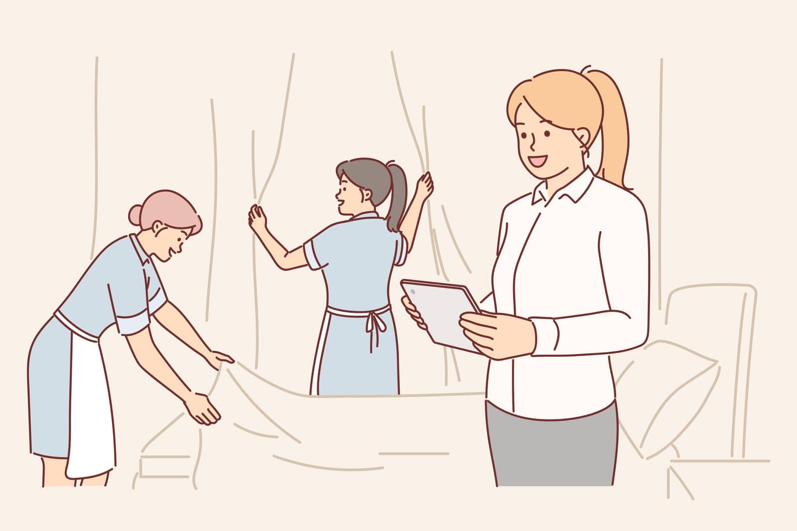Housekeeping manager supervises work of maids cleaning hotel room before checking in guest. Woman from housekeeping department makes career as administrator of hostel or large chain hotel