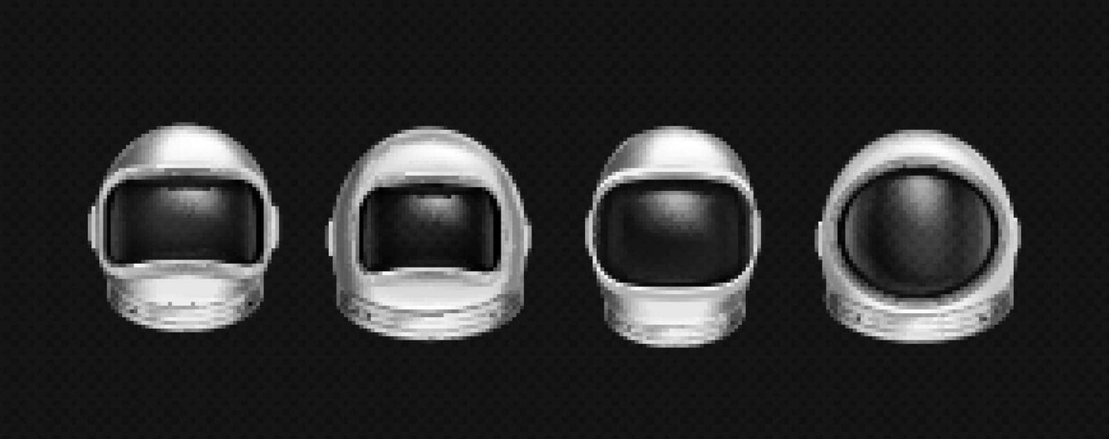 Astronaut helmets, cosmonaut mask with clear glass for space exploration and flight in cosmos. Vector realistic set of white suit part for protection spaceman head isolated on transparent background