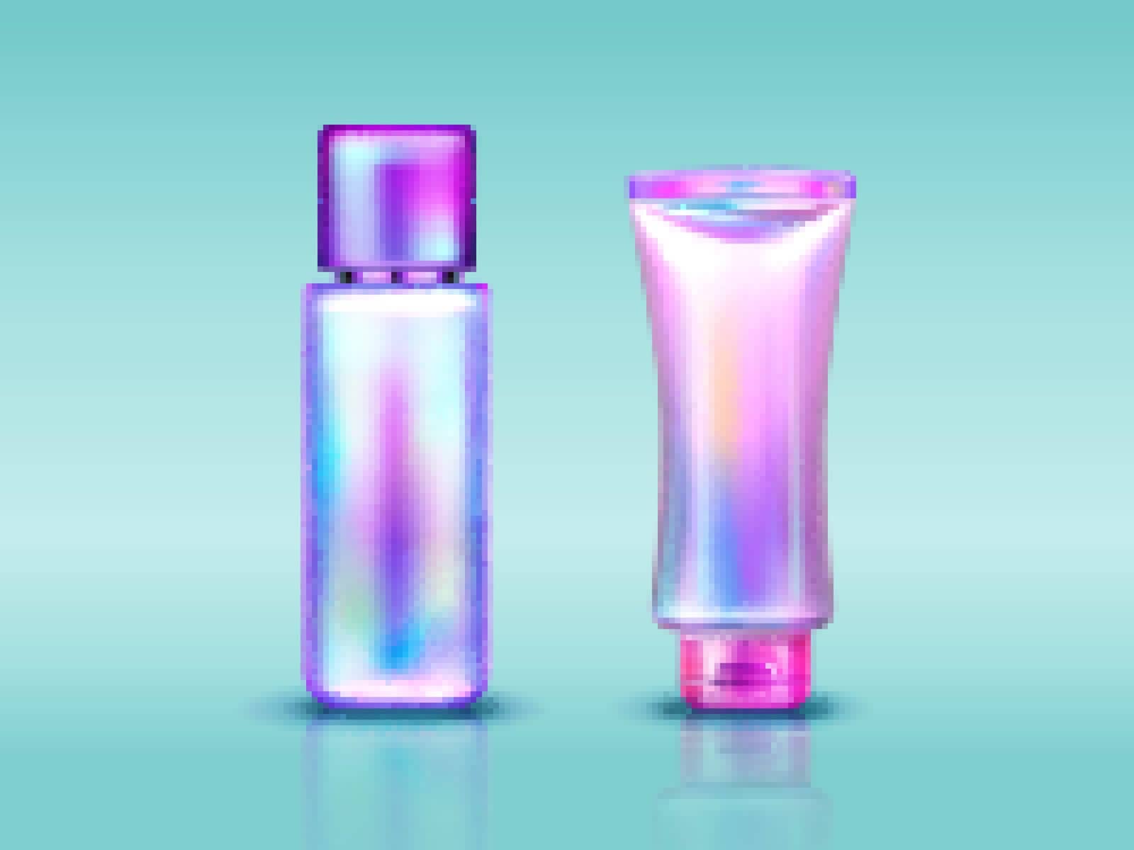 Holographic cosmetics package, tube and bottle with hand cream, makeup or skin care products. Vector realistic mockup of 3d blank containers with iridescent hologram print on blue background