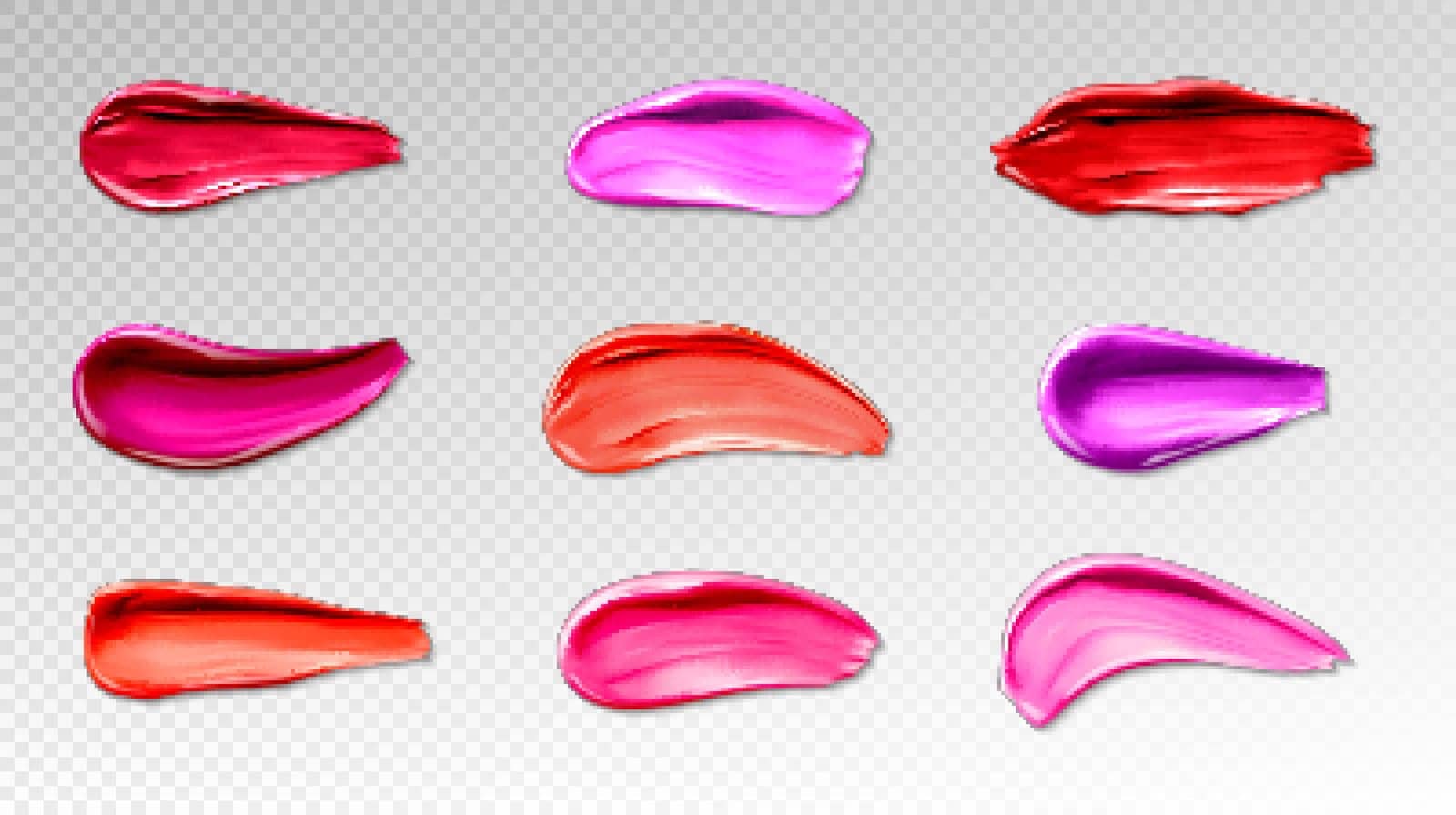 Lipstick swatches, smears of liquid lip gloss for makeup palette isolated on transparent background. Vector realistic mockup of bright red, rose and pink smudges of female cosmetic