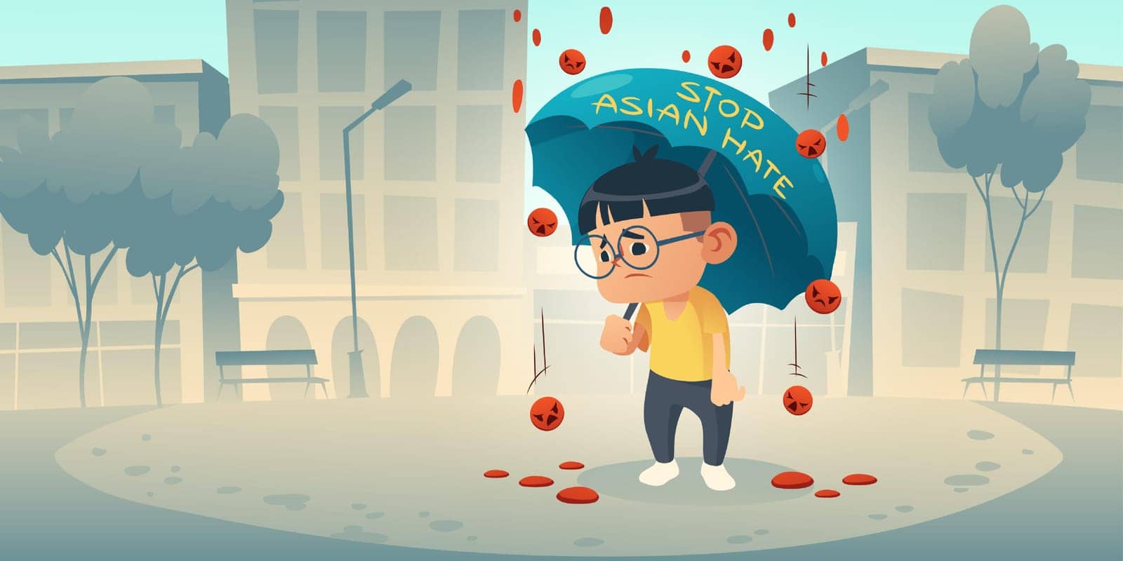 Stop Asian Hate appeal to support community of Asia during covid19 pandemic. Cartoon poster with sad chinese boy stand under rain of falling angry emoji. Racism, bullying and violence vector concept
