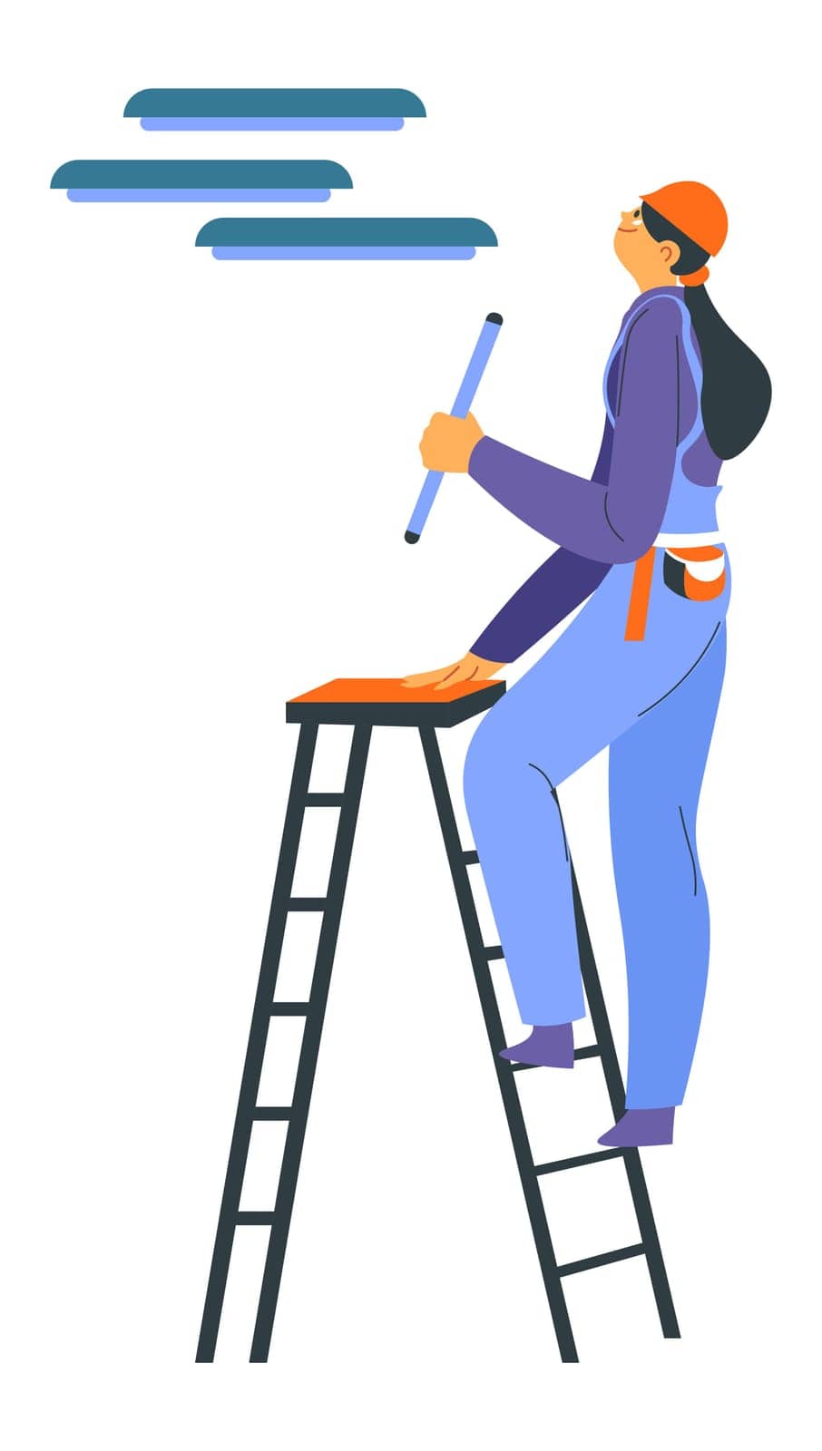 Woman working as electrician, isolated female character standing on ladder with instrument ready for fixing and maintenance. Lady wearing special protective uniform and helmet. Vector in flat style