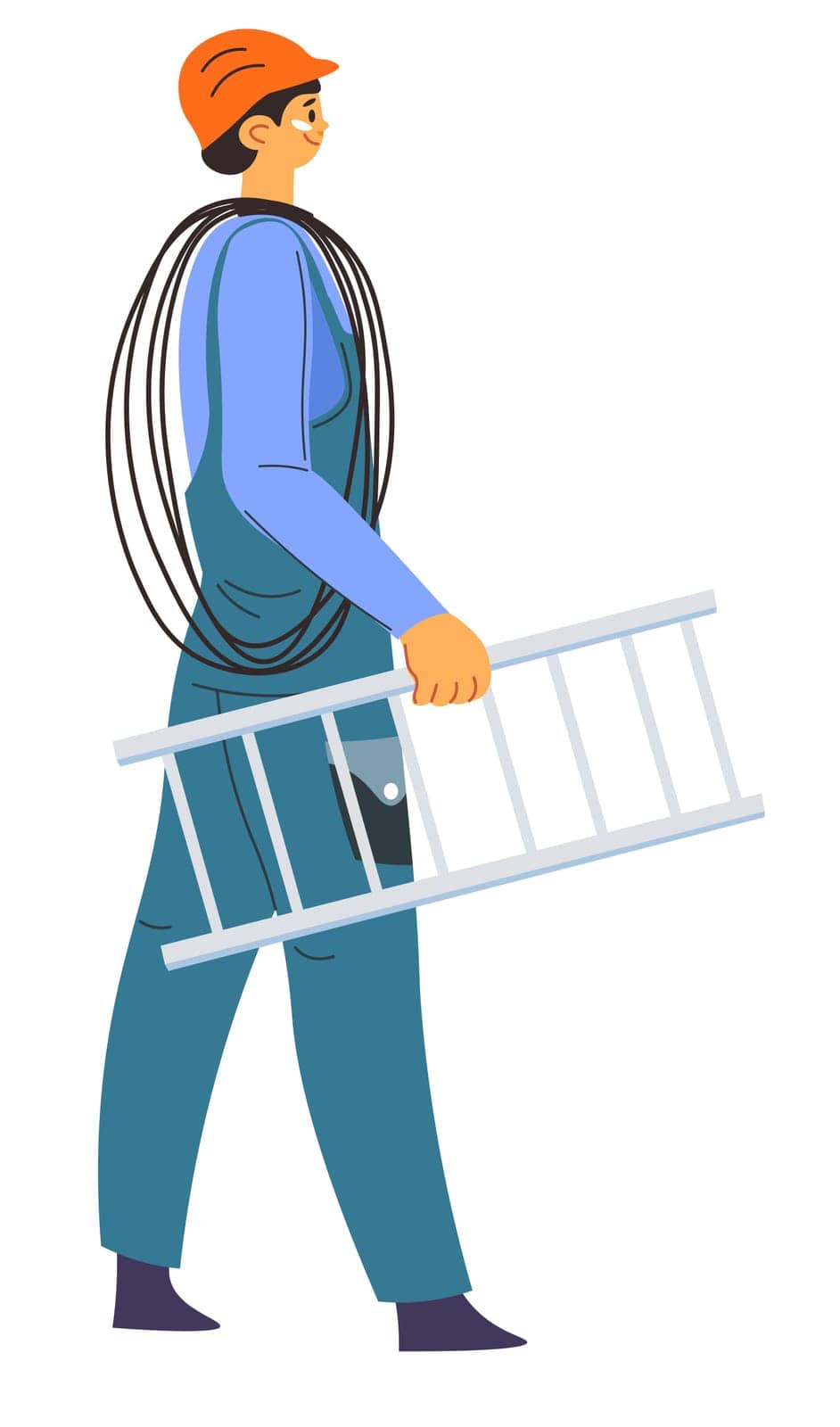 Specialist wearing uniform and protective helmet carrying ladder and wire cables in hands. Male character electrician maintaining system and fixing break downs. Vector in flat style illustration
