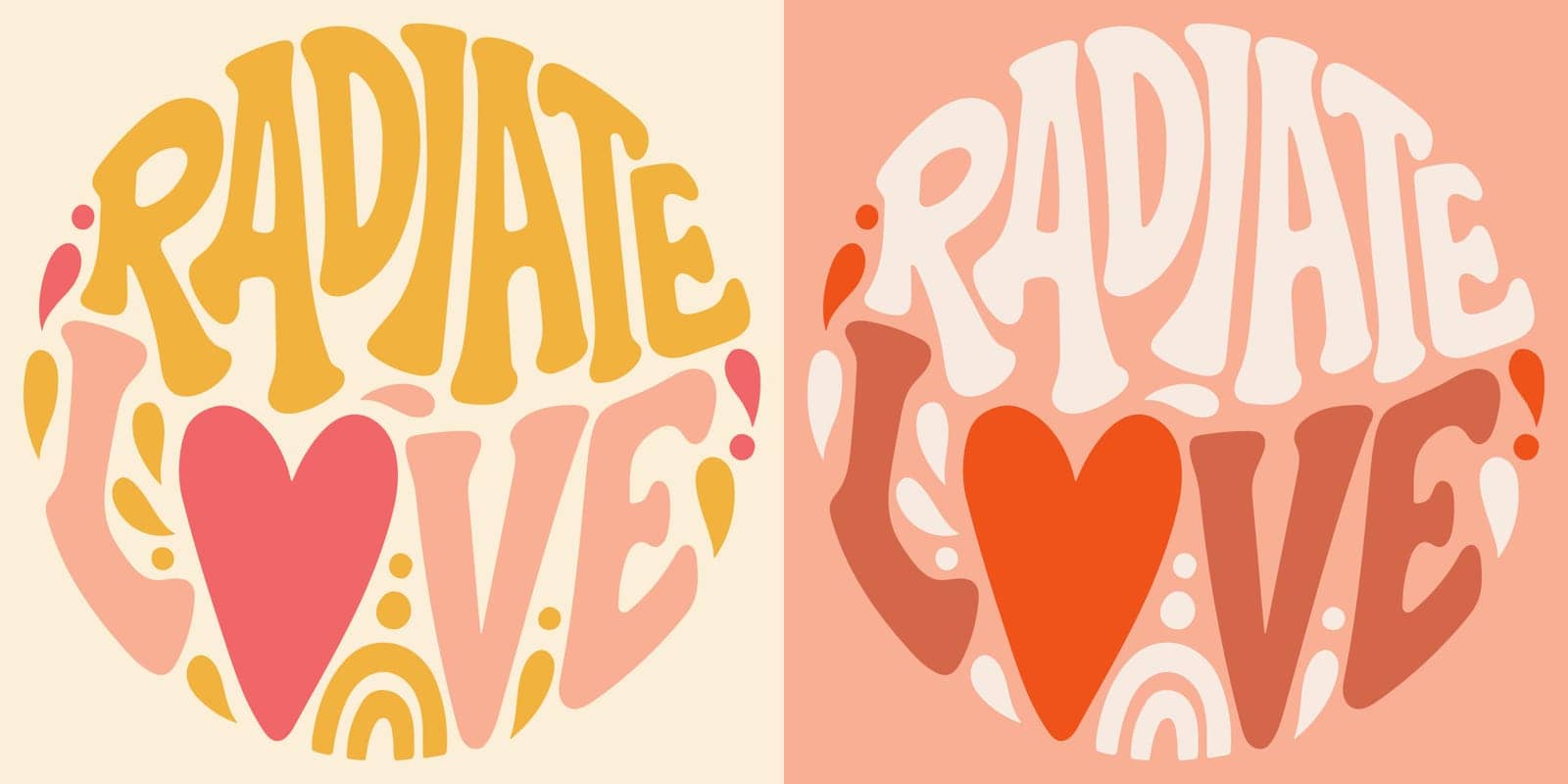 Groovy lettering Radiate Love. Retro slogan in round shape. Trendy groovy print design for posters, cards, tshirts in style 60s, 70s. Vector illustration.
