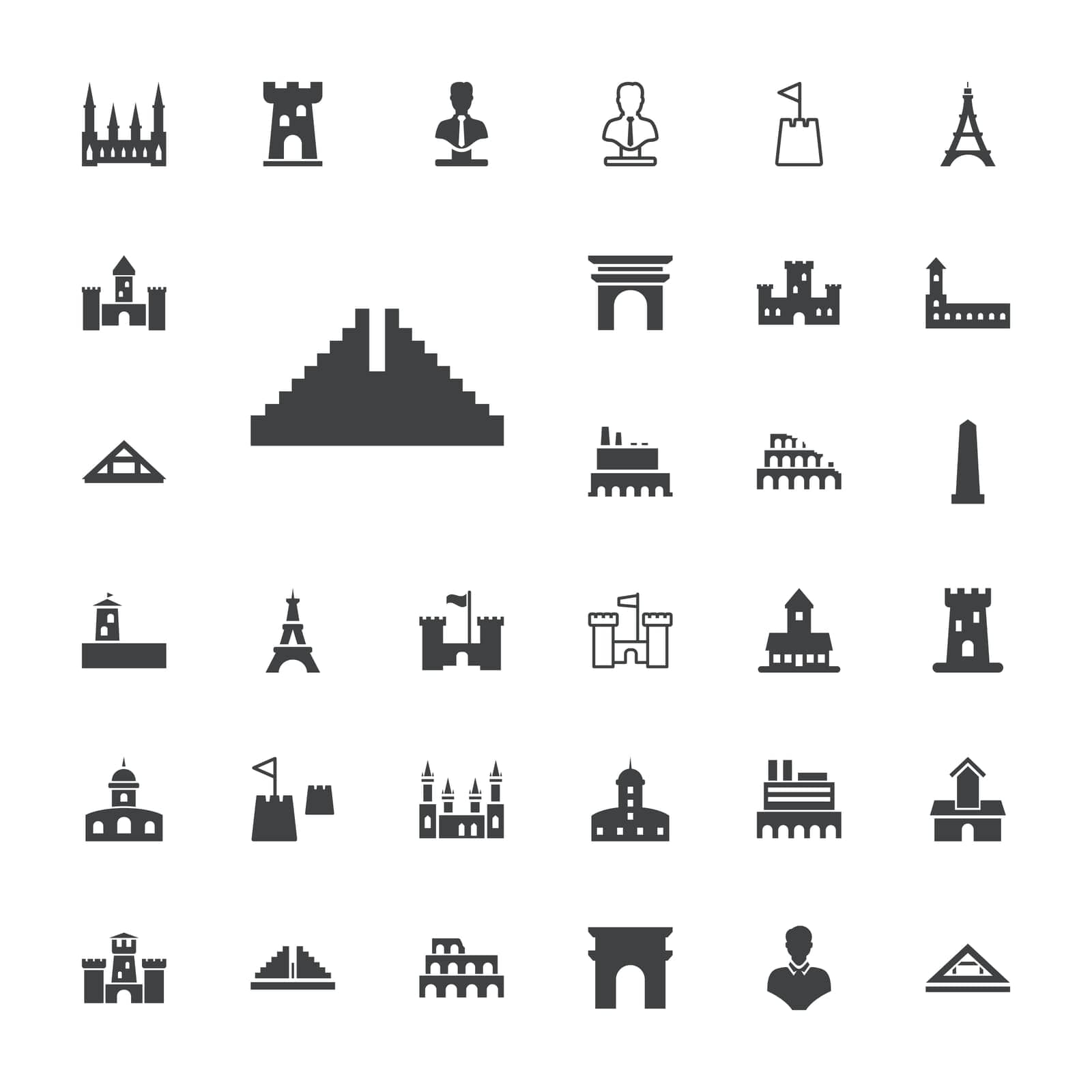 symbol,de,castle,chichen,icon,isolated,historical,tourism,louvre,monument,building,chateau,triomphe,arc,interest,design,fairytale,knight,eiffel,bust,vector,place,landmark,tower,architecture,set,coliseum,itza,old,medieval,history,ancient,kingdom,fortress,museum,silhouette,illustration,fort,travel,royal by ogqcorp