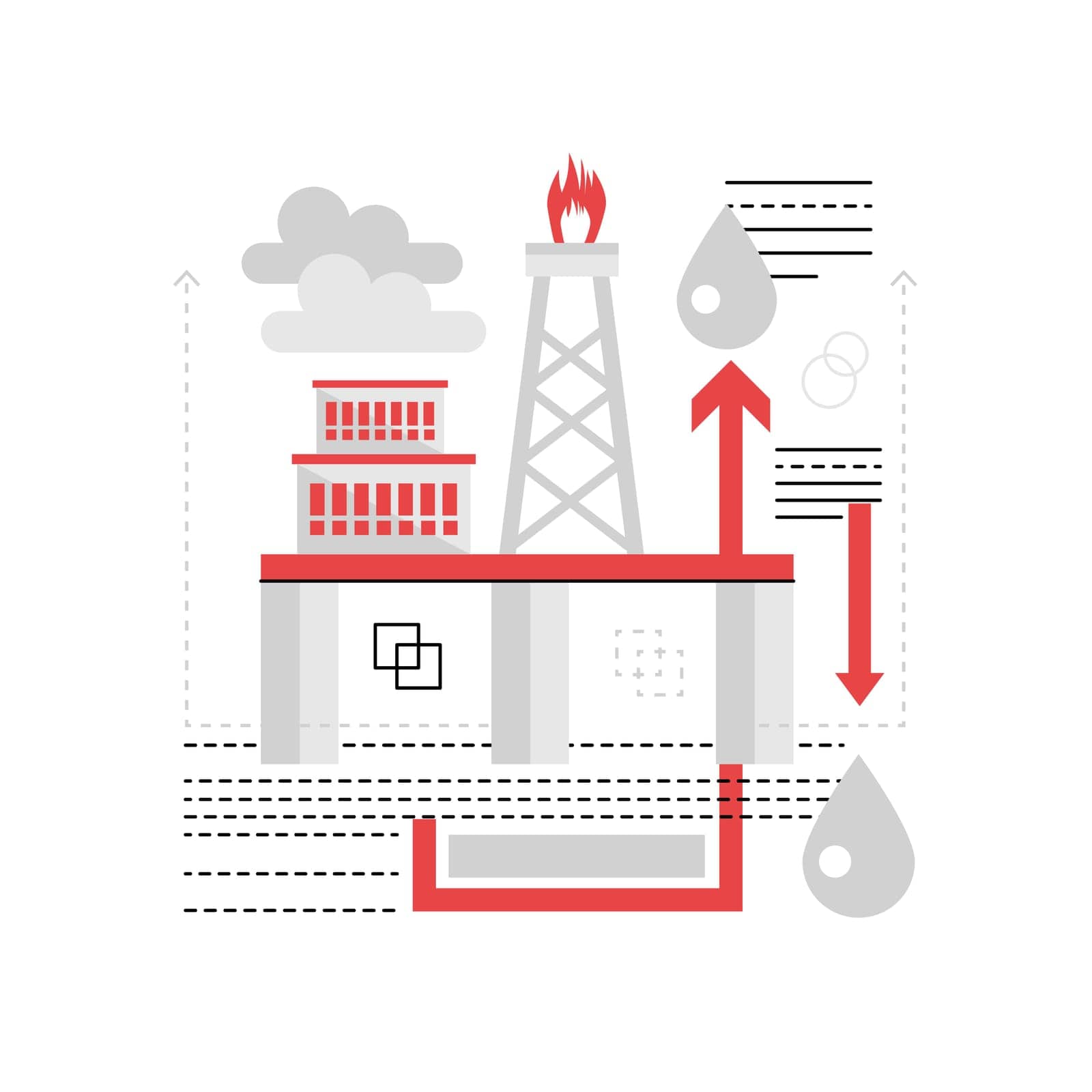 Industrial oil platform. Petroleum industry, oil sea drilling platform vector illustration