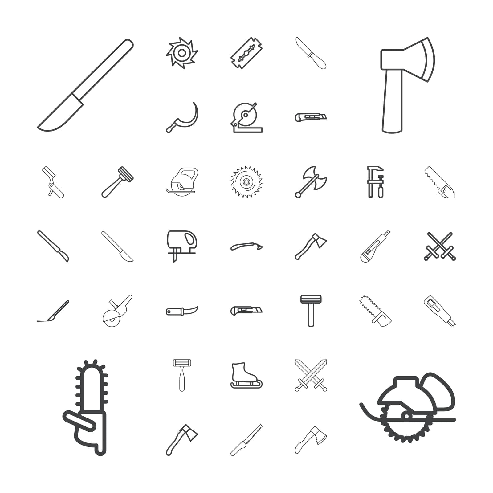 symbol,steel,scythe,cut,gardening,icon,sign,isolated,cutter,ice,blade,axe,weapon,white,chainsaw,flat,design,scalpel,vector,graphic,bllade,set,work,skating,electric,saw,equipment,circular,handle,tool,sharp,sword,knife,background,razor,illustration,object by ogqcorp