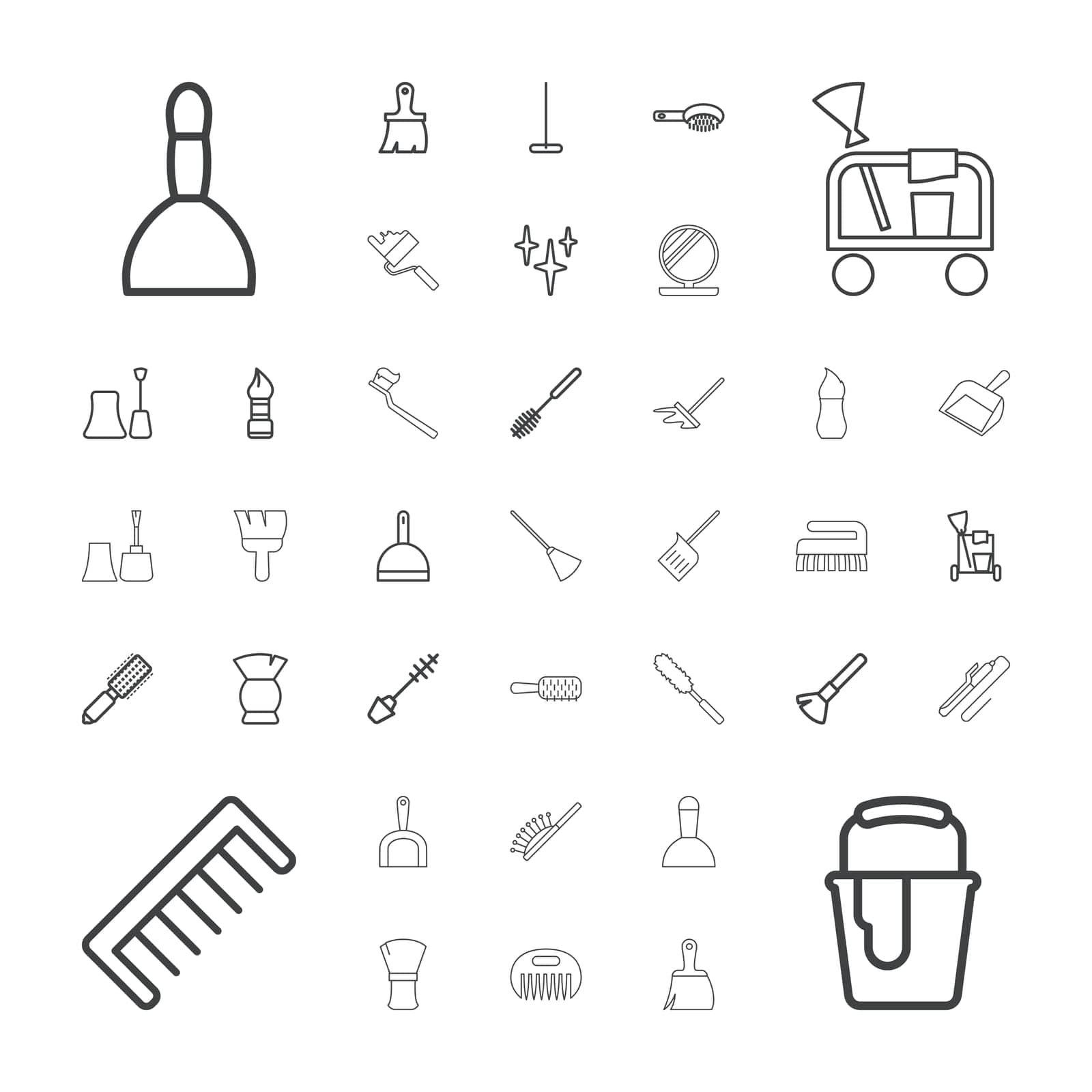 symbol,icon,isolated,paint,bag,dustpan,powder,curler,tools,mop,hair,white,design,vector,dust,tooth,brush,cleaning,set,spa,nail,broom,equipment,shaving,clean,tool,comb,bucket,toilet,illustration,polish,mascara,roller by ogqcorp