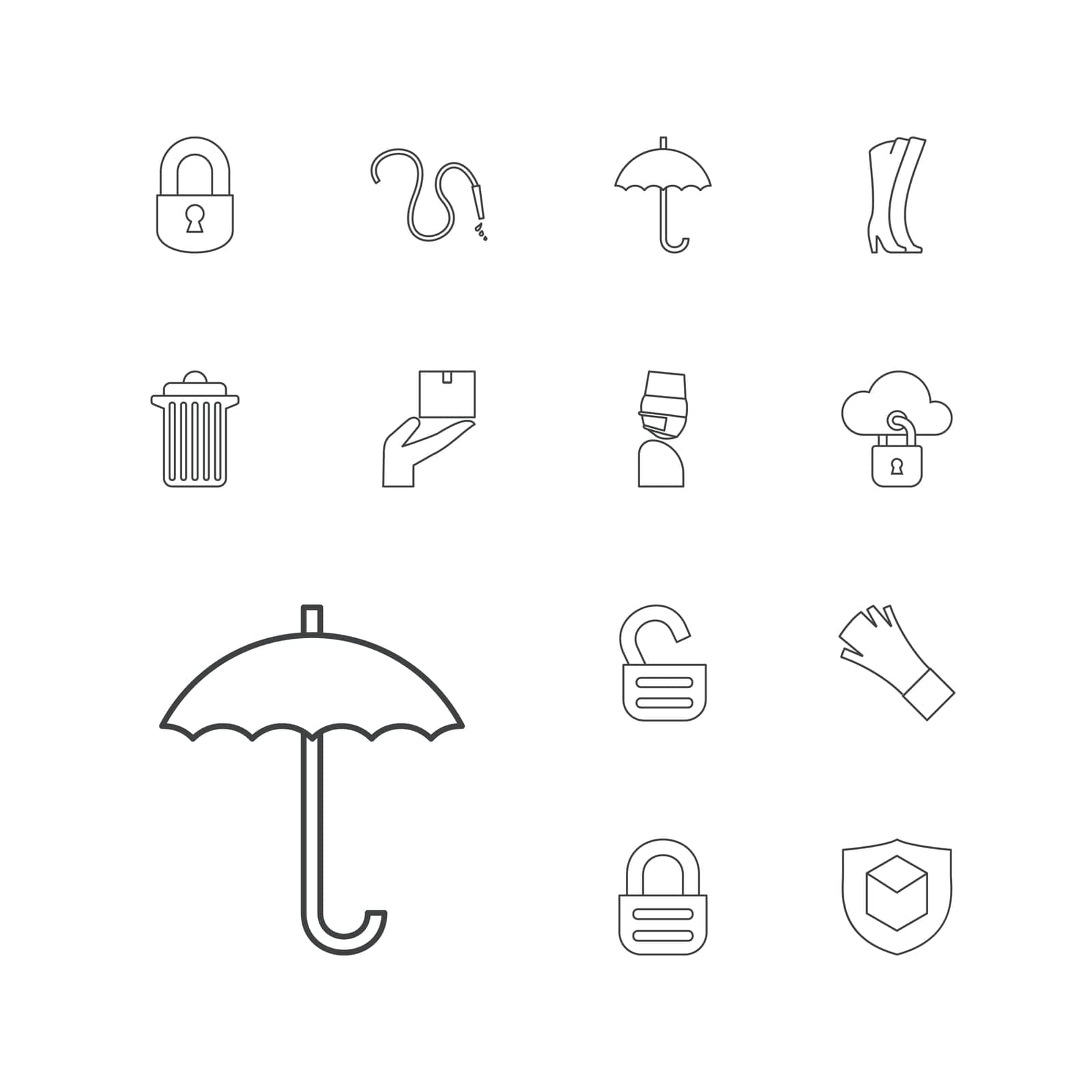 insurance,symbol,medical,woman,bin,icon,sign,isolated,protection,secure,delete,cloud,security,gloves,white,web,flat,safety,design,boots,lock,vector,cargo,element,mask,set,business,umbrella,hose,dry,opened,water,trash,background,keep,illustration,internet,object by ogqcorp