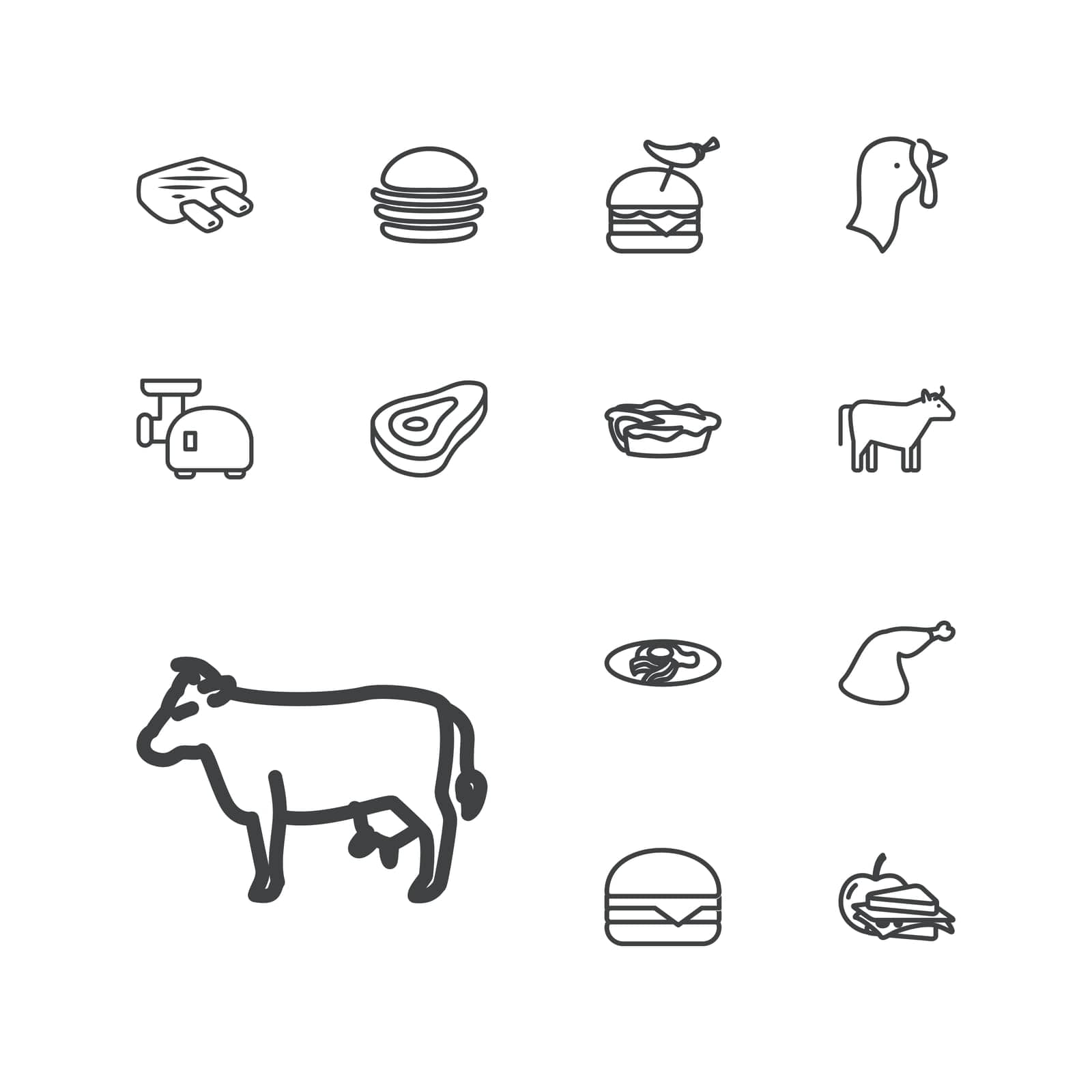 pepper,symbol,lunch,egg,icon,sign,isolated,beef,cow,pie,leg,cheese,apple,white,burger,and,design,vector,graphic,element,art,set,grinder,black,sandwich,food,fried,meal,bacon,with,nutrition,background,turkey,silhouette,meat,animal,illustration,cheeseburger,object by ogqcorp