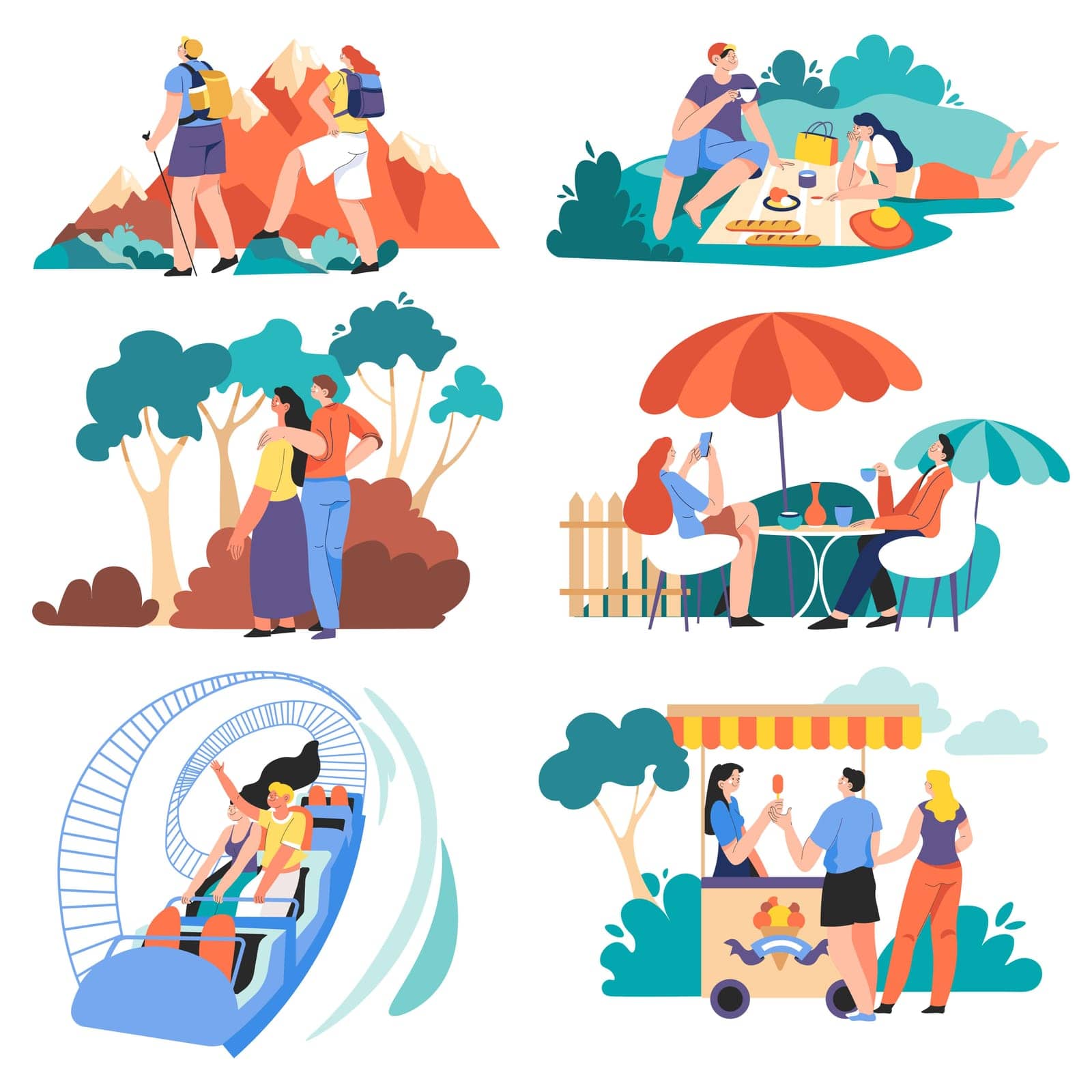 People lead active lifestyle enjoying vacations or weekends. Picnic and walking in mountains, spend time in amusement park on roller coaster, buy ice cream, drinking coffee. Vector in flat style