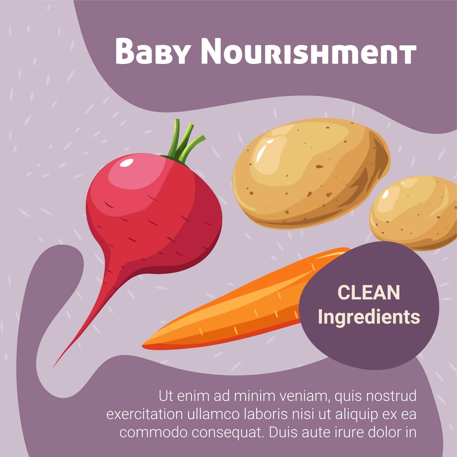 Clean ingredients and plant based meal courses for baby nourishment. Tasty eating, feeding fresh vegetables, beetroot and potato. Promotional banner, leaflet or flyer, advertisement vector in flat