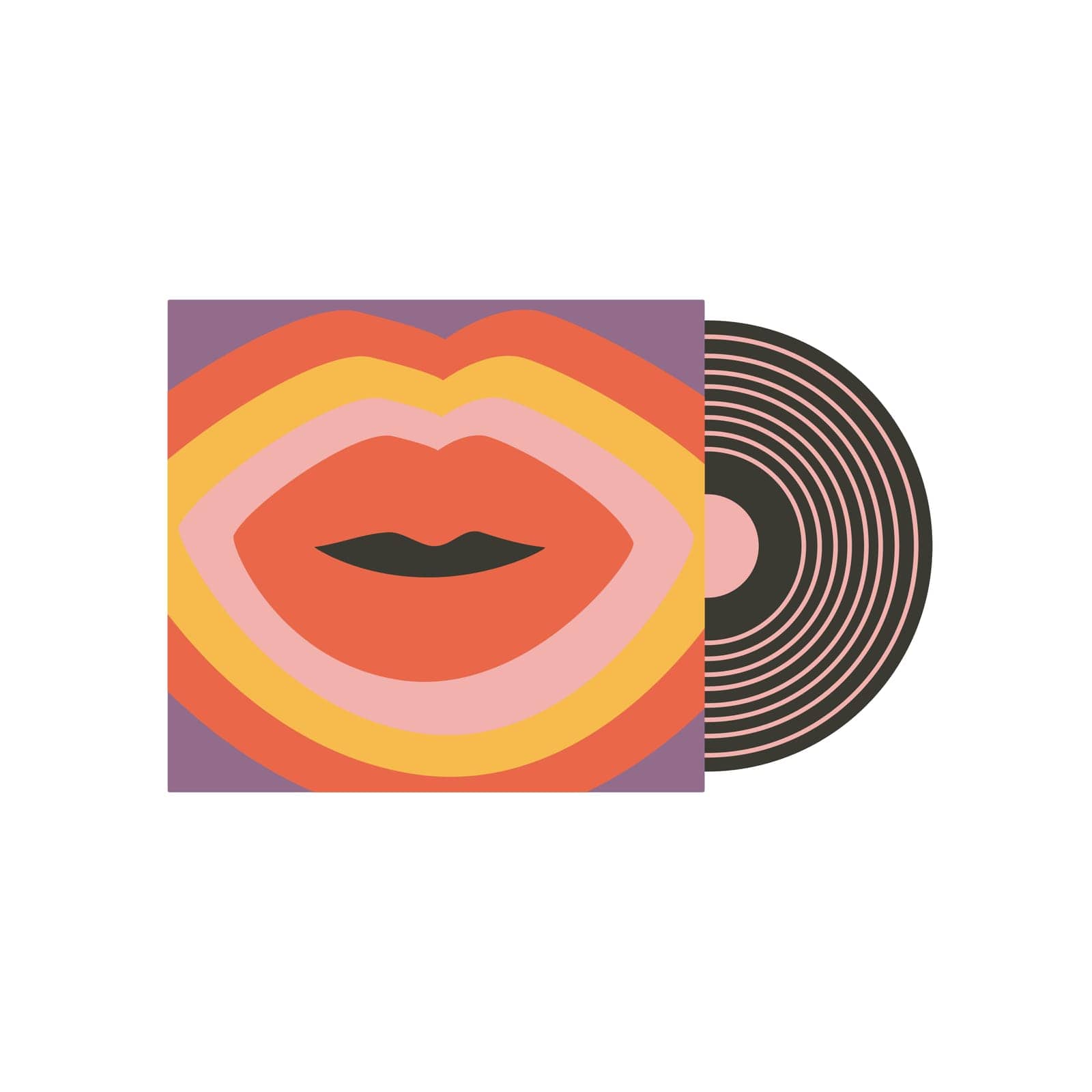 Retro Vinyl Record packed with lips. Vintage Nostalgic 70s-90s vibes for retro sticker, patches and badges. Isolated vector element