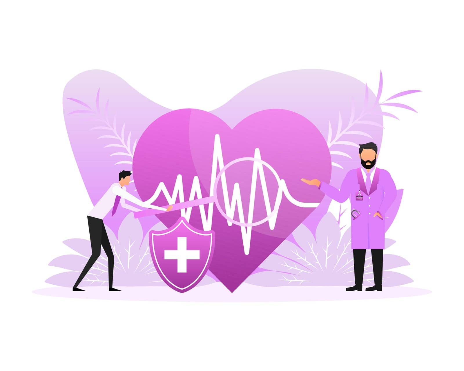 Flat illustration with cardiogram people doctor. Vector flat illustration.