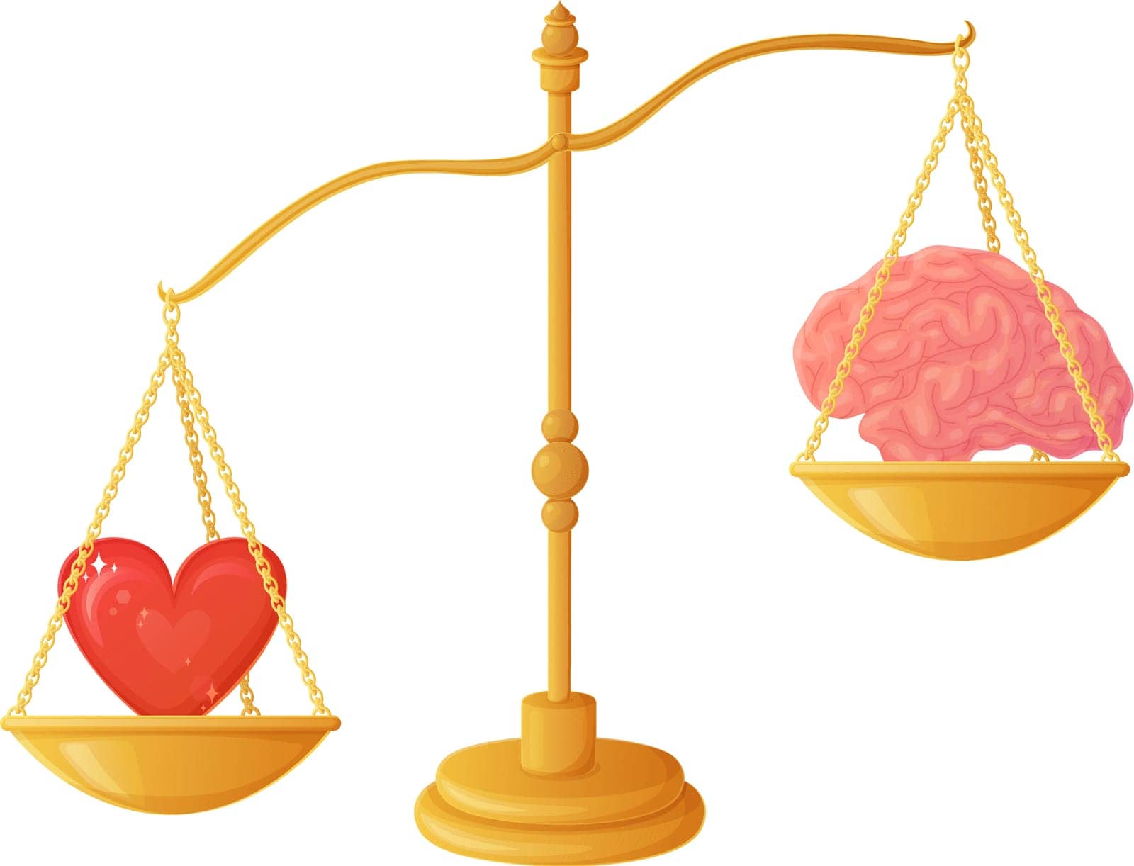 The intellect outweighs the heart on the scales. Brain heart balance illustration concept. Hard to make choice symbol. Love or mind decision stock vector illustration in flat cartoon style.