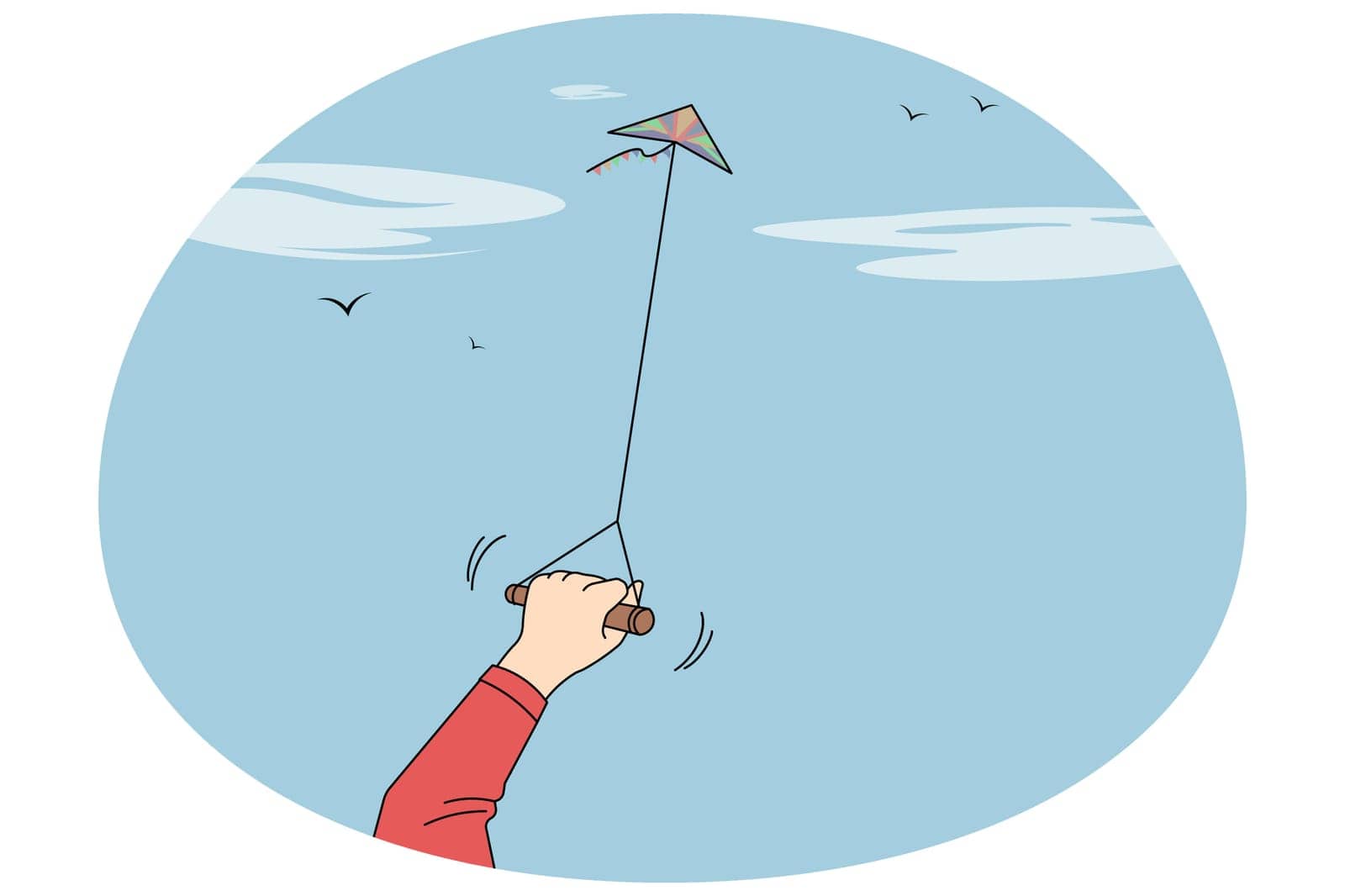 Person holding paper kite flying in air. Child have fun enjoy outdoor activity. Leisure and recreation. Vector illustration.