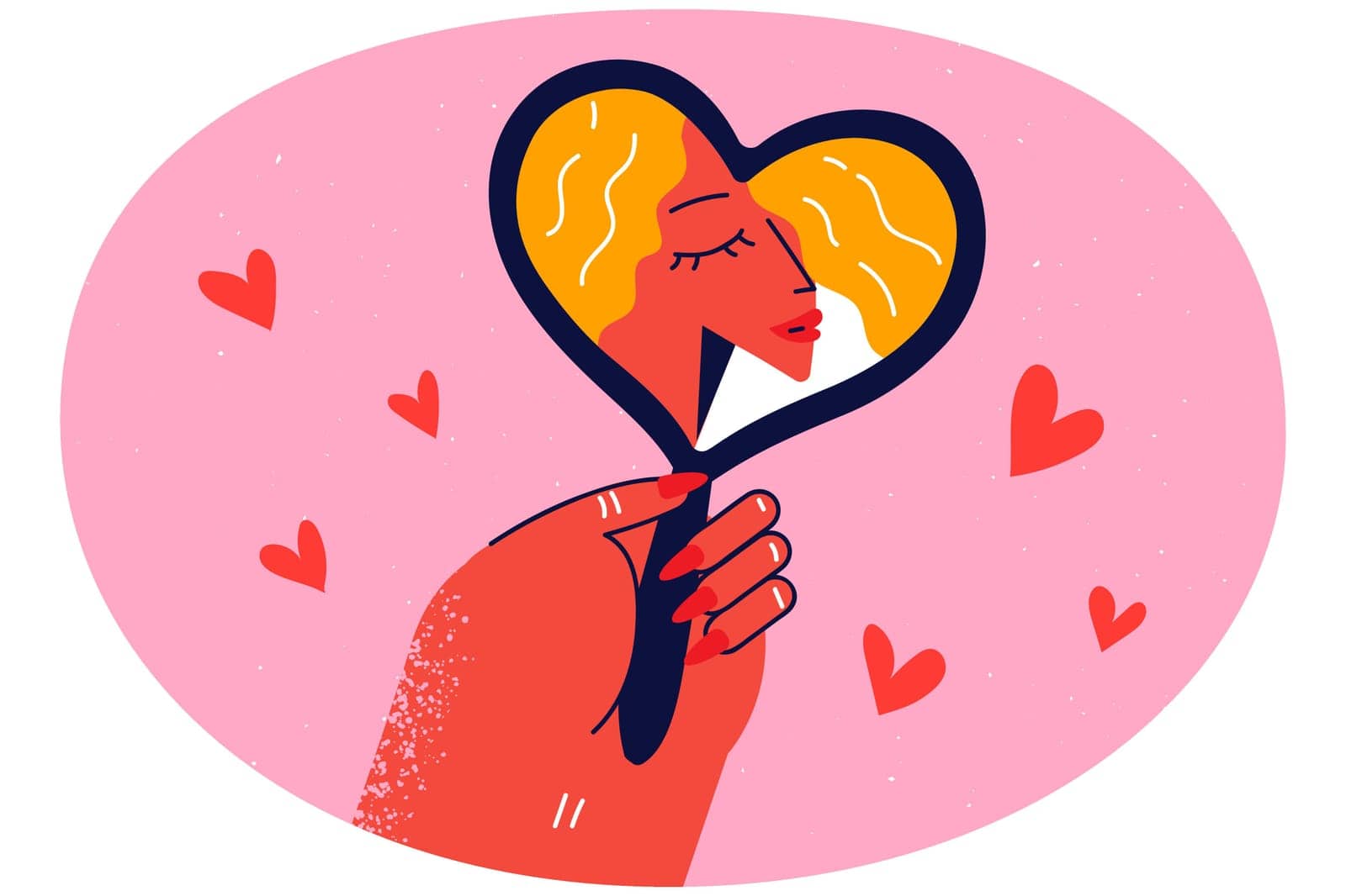 Woman looking in mirror show self-love and self-acceptance. Smiling girl demonstrate love and care to inner self. Confidence and security. Vector illustration.