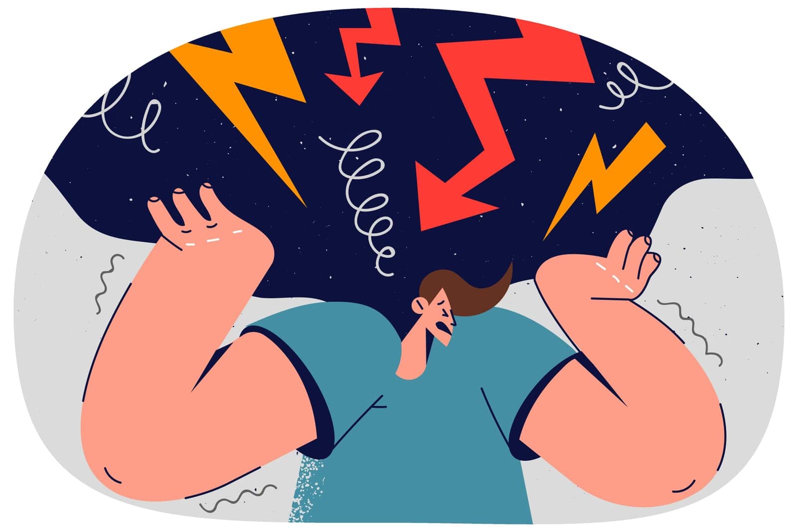 Stressed man overwhelmed with bad toxic thoughts. Unhappy distressed guy frustrated with burden, overthinking and worrying too much. Vector illustration.
