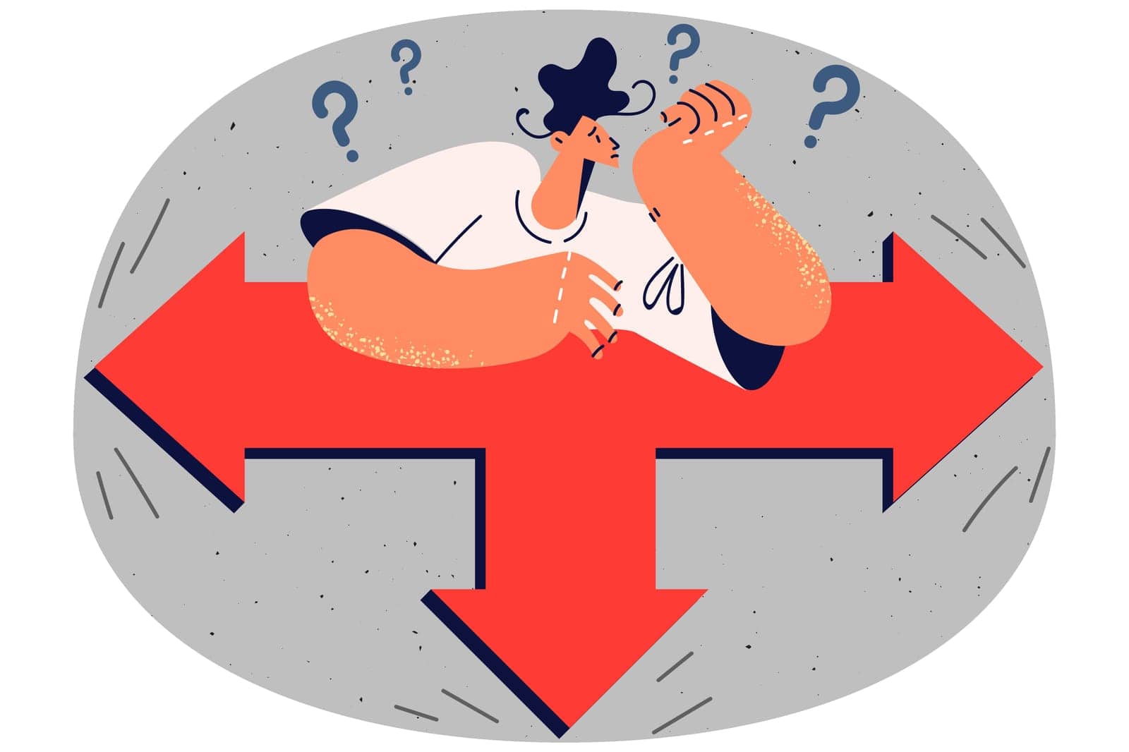 Pensive man thinking making decision about career change. Frustrated male feel confused stand on crossroad deciding which way to take. Vector illustration.