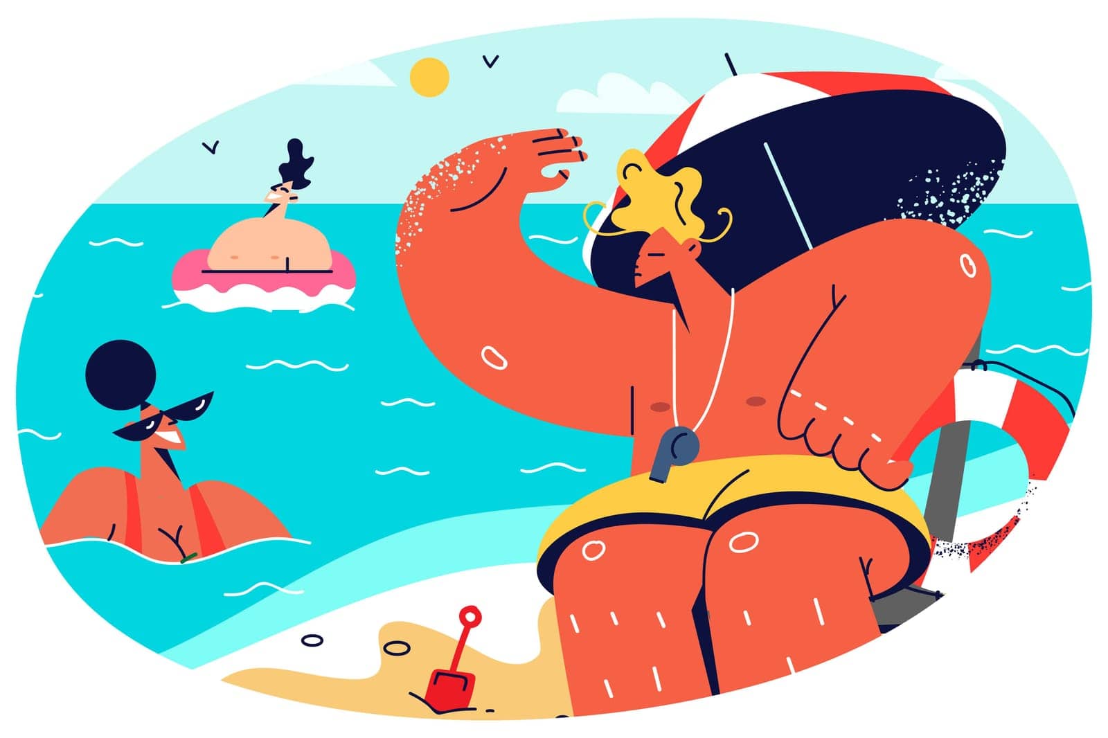 Male lifeguard sitting on tower on beach looking in sea. Man rescuer watching swimmers in water. Lifesaver on seashore. Vector illustration.