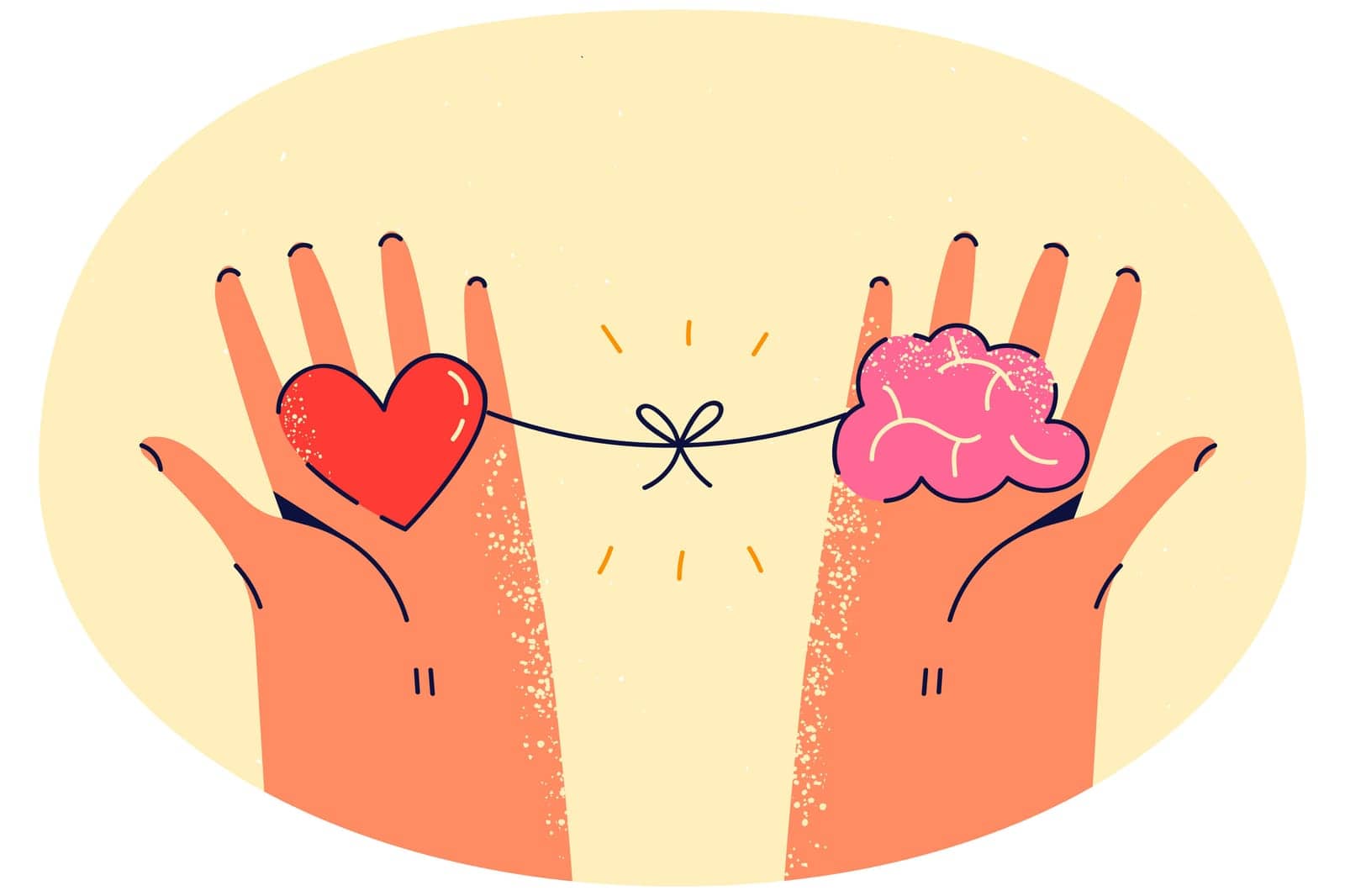 Person hold heart and brain in hands looking for balance. Woman search for harmony among reason and emotions. Love and logic in life. Vector illustration.