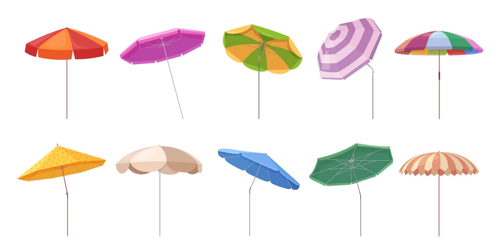 Beach umbrellas set vector illustration. Cartoon isolated collection of summer sunshade with different colors and patterns, side view of garden or swimming pool parasols for sea vacation relax